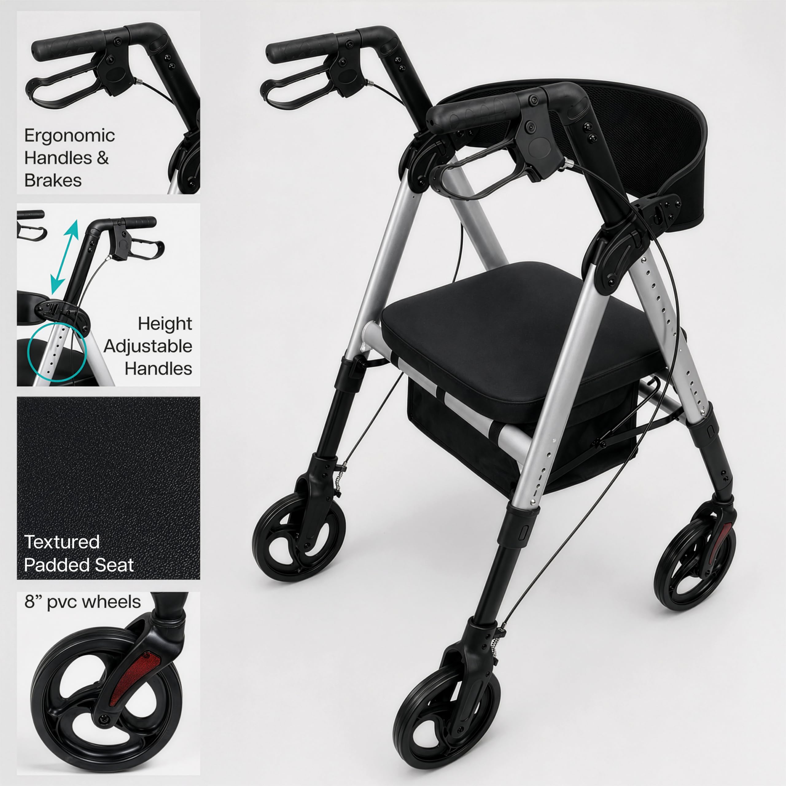 Aidapt Bariatrischer Rollator, zusammenklappbar, leicht, 4 Räder, Mobilitätshilfe mit Sitz, abnehmbarer Tragetasche, feststellbaren Bremsen und pannensicheren Reifen für den Innen- und Außenbereich.