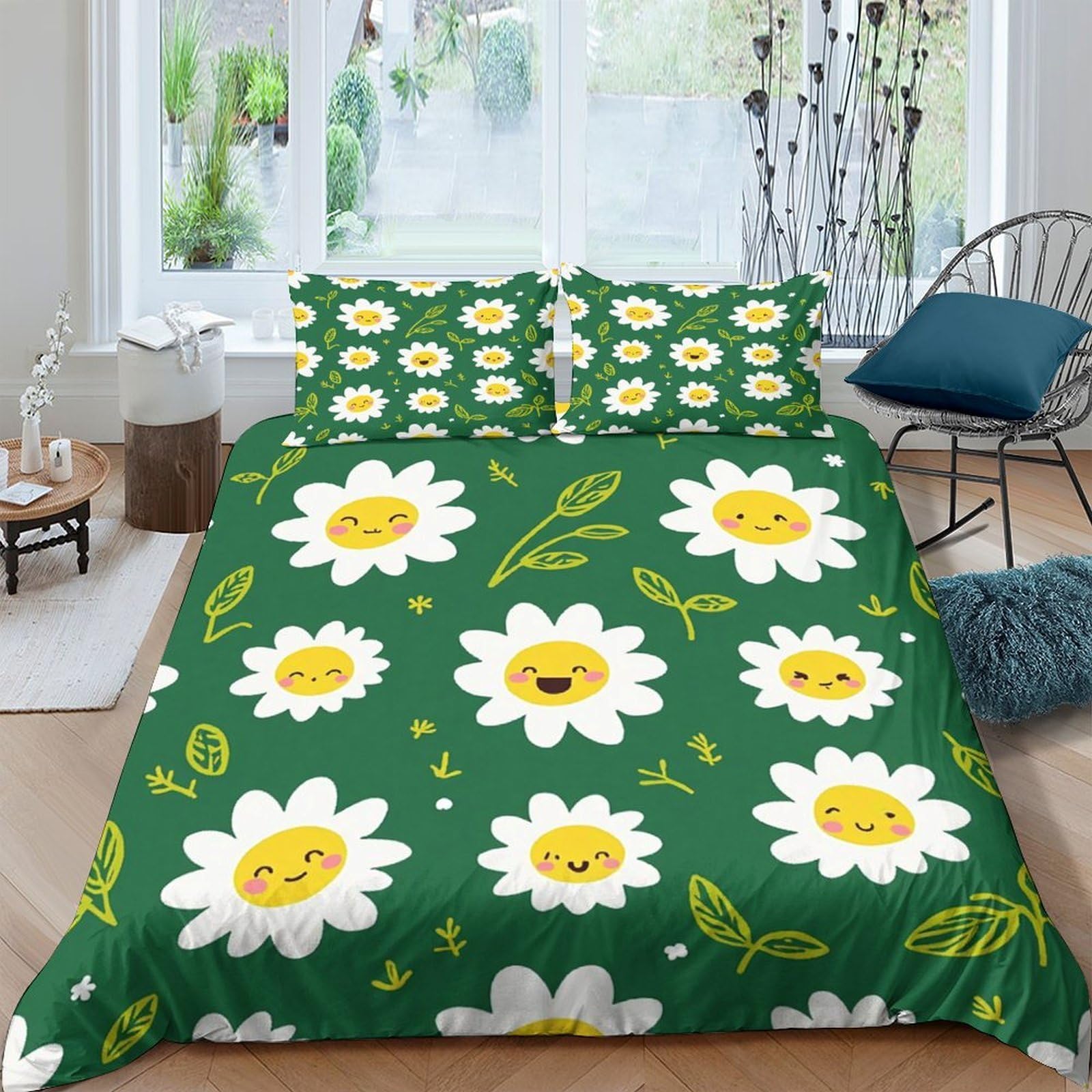 Ctjqhvkz Style-9 3D Printed Smiling Daisy Fitted Sheet Microfiber Green Floral Bed Cover For Bedroom Guest Room Easy Care Washable Single（135X200cm）