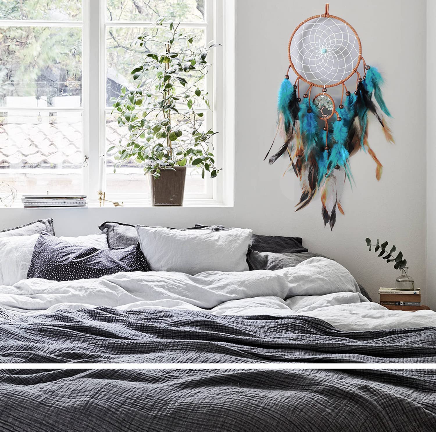 BetterJonny Dreamcatcher 65 cm dromenvanger vintage veer dromenvanger handgemaakte dromenvanger in Boheemse stijl voor wandbehang wooncultuur ornamenten handwerk kamerdecoratie bruin