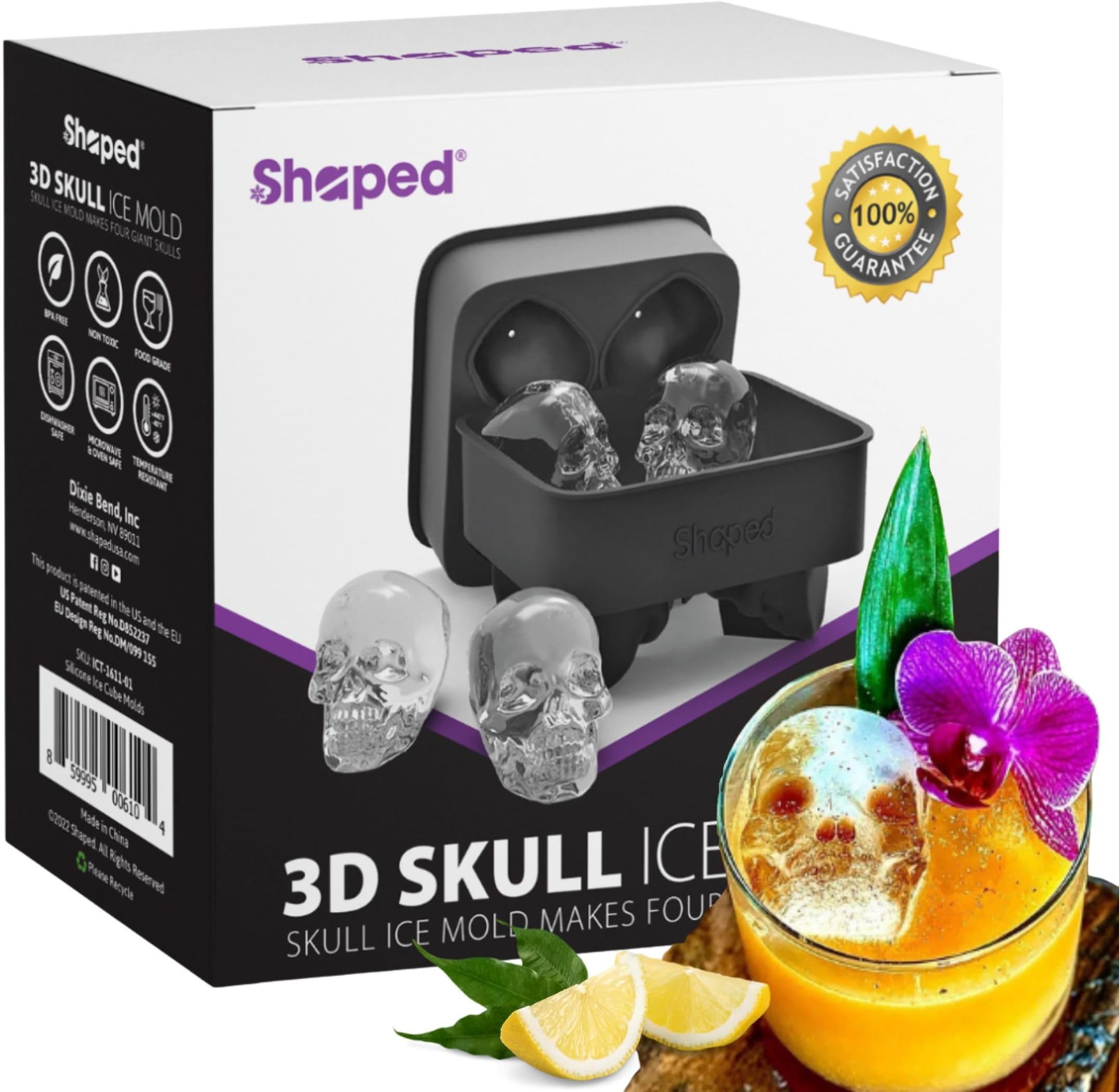 DineAsia 3D Skull Flexible Silicone Ice Cube Mold Tray, Makes Four Giant Skulls, Round Ice Cube Maker, Black