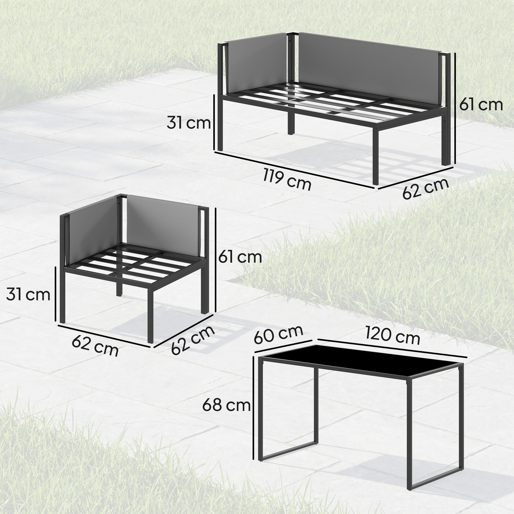 Outsunny Salon de Jardin 6 Pièces Canapé d'angle Extérieur Acier Gris | Ensemble Meuble de Jardin avec Coussins 10cm, Table Haute, 2 Repose-pieds, Mobilier de Terrasse 7 Personnes, Textilène