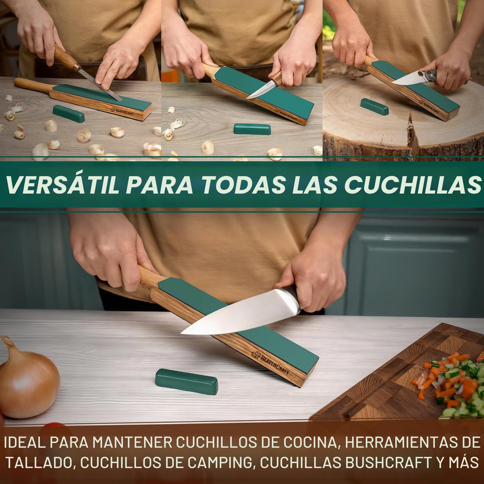 BeaverCraft Correa de Cuero para Afilado – Doble Cara con Compuesto, Bloque Afilado 14" para Herramientas Tallado, Cinceles, Kit Afilado LS6P1