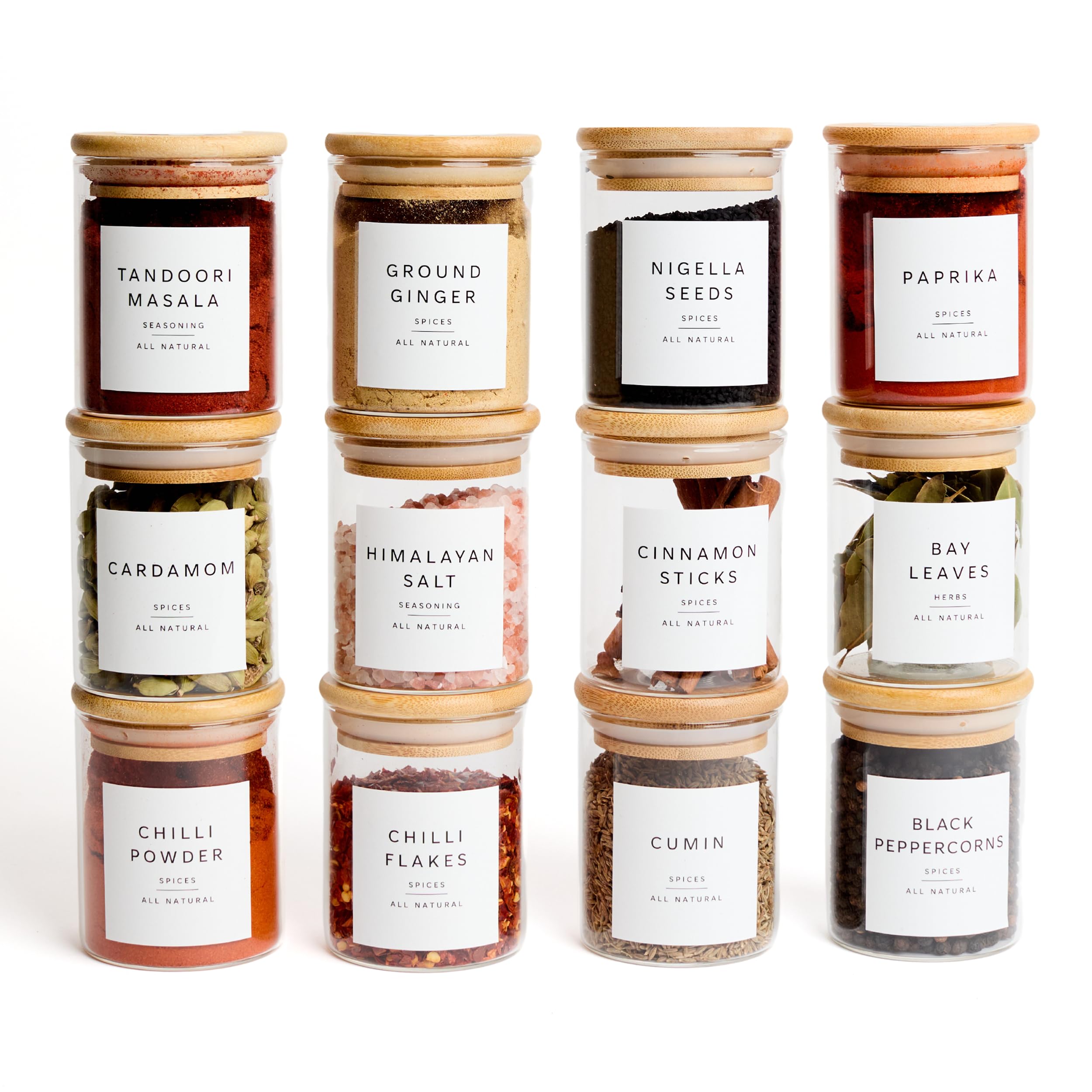 Glass Spice Jars with Lids and Labels – 12 Bamboo Lid Spice Containers - 200ml Airtight Jars with 360 White UK Designed Waterproof Pre-Printed Labels - Complete Herb, Seasoning & Spices Storage