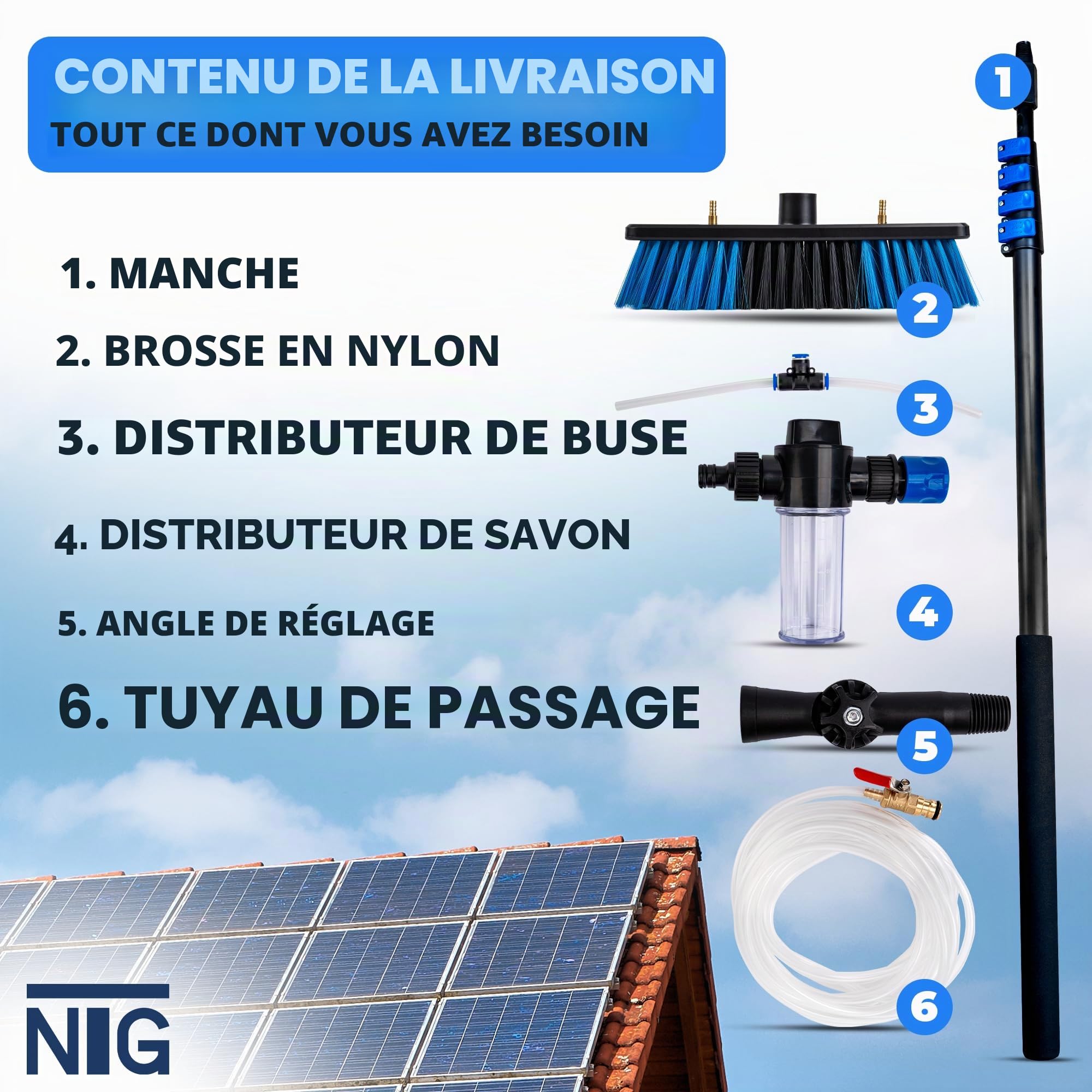 Brosse de Lavage télescopique NTG pour Le Nettoyage des installations solaires et des fenêtres| Version 4,6 mètres ou 7 mètres | avec raccordement à l'eau et Distributeur de Savon