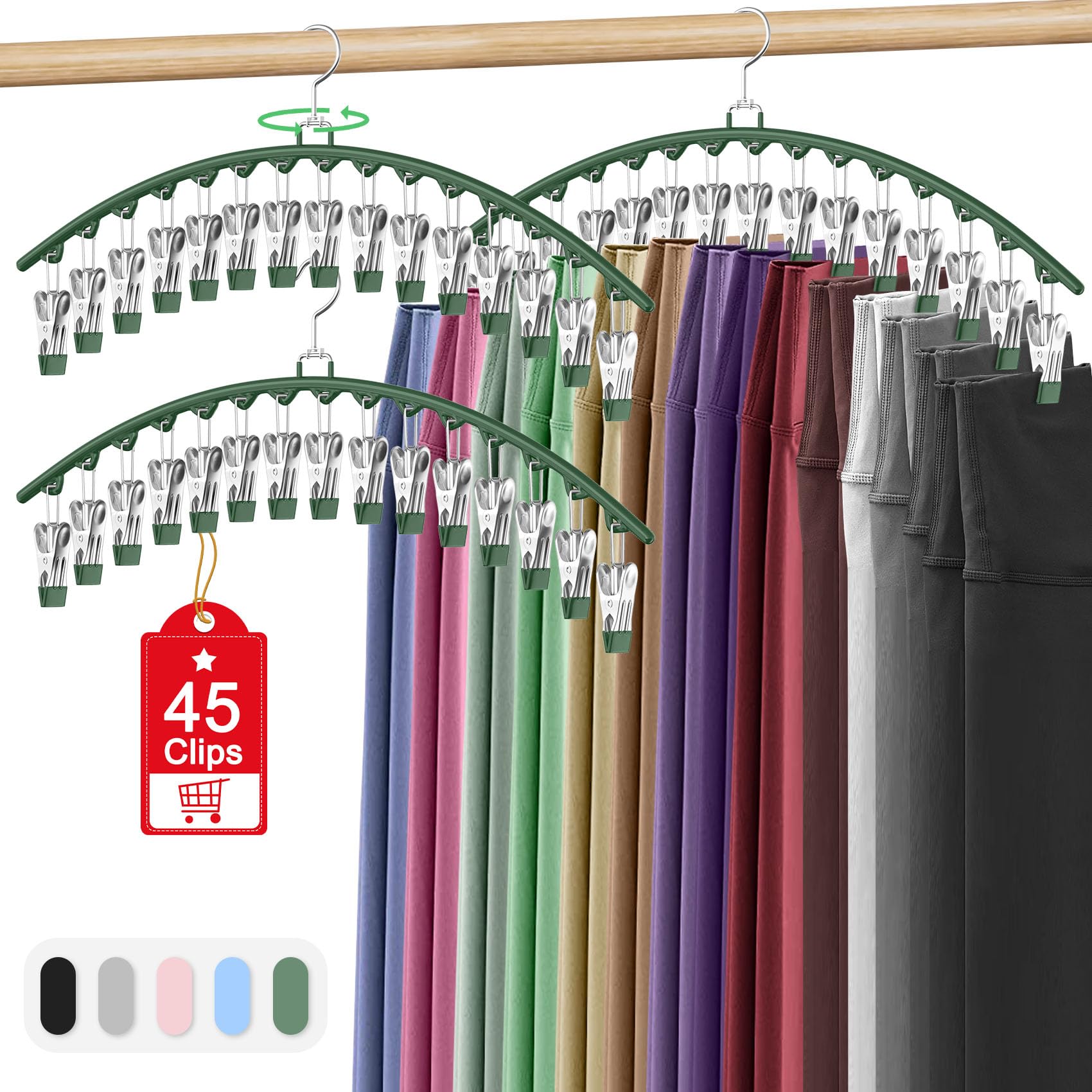 Organizer na legginsy do wieszania w szafie, wieszaki na spodnie z 15 klipsami, pomieści 45 legginsów, szortów, spódnic, dżinsów, czapek, wieszaków na spodnie, oszczędzających miejsce, organizery do
