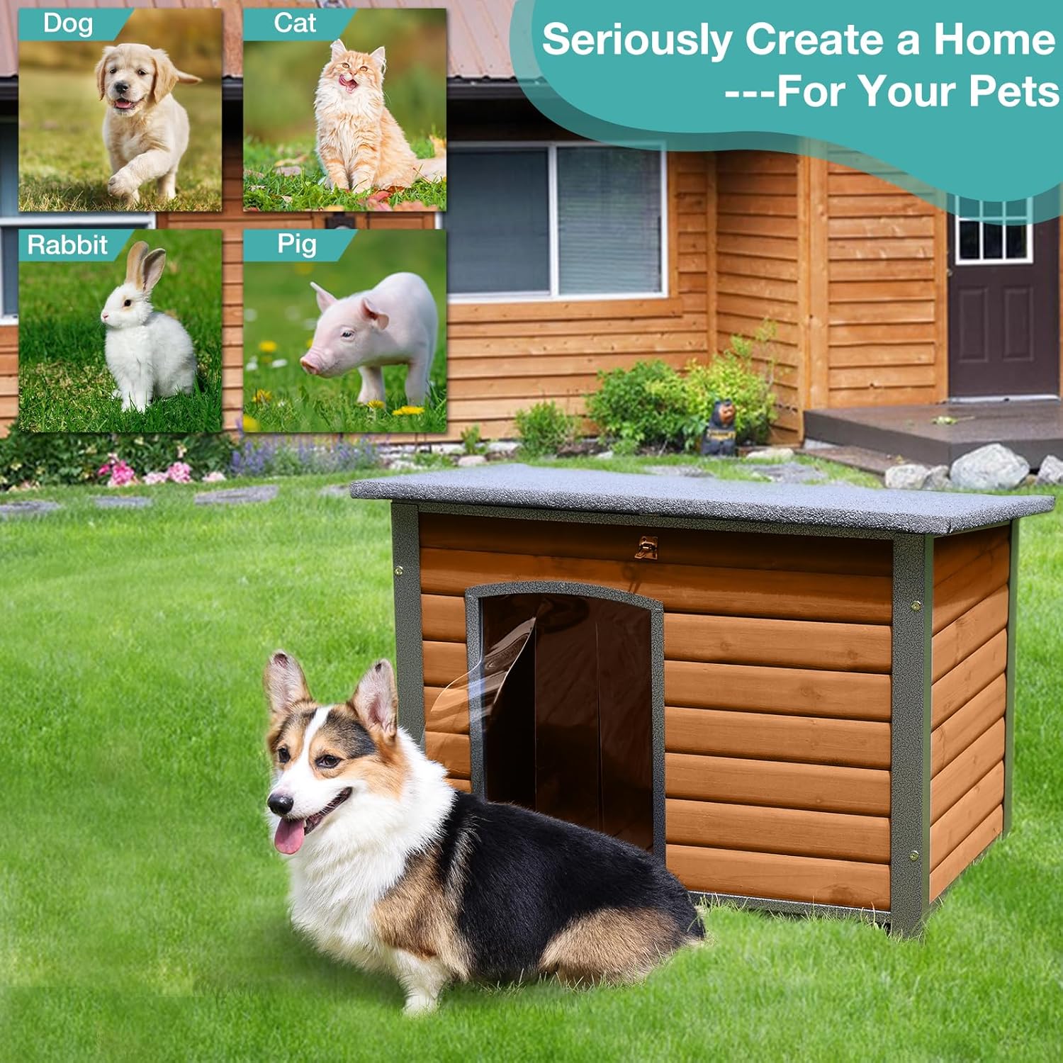 Suumerpety Indoor Outdoor Dog House,Anti-Chewing Iron Frame Dog Kennel,Wood Warm Pets Home,Weatherproof Outside Shelter for Feral Animal 33.5" (L) X 22" (W) X 25.2" (H) Brown