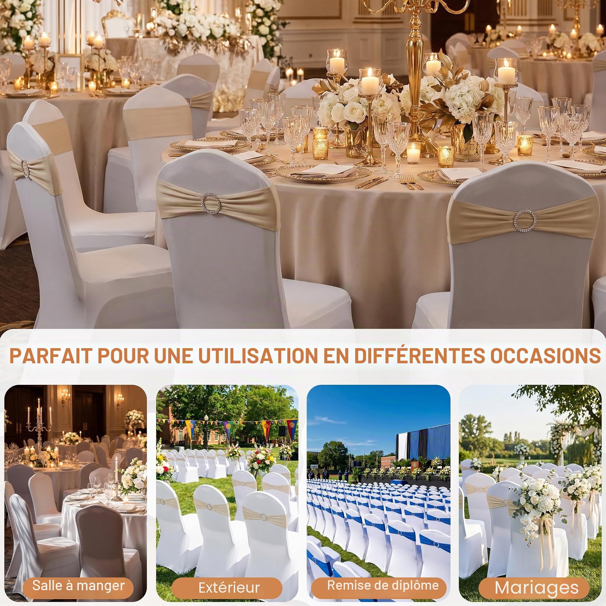 Aufun Lot de 50 Housses de Chaise universelles en Lycra pour Salle à Manger, Mariage, hôtel, Restaurant, Banquet, fête, Blanc 50 pezzi Bianchi Blanc