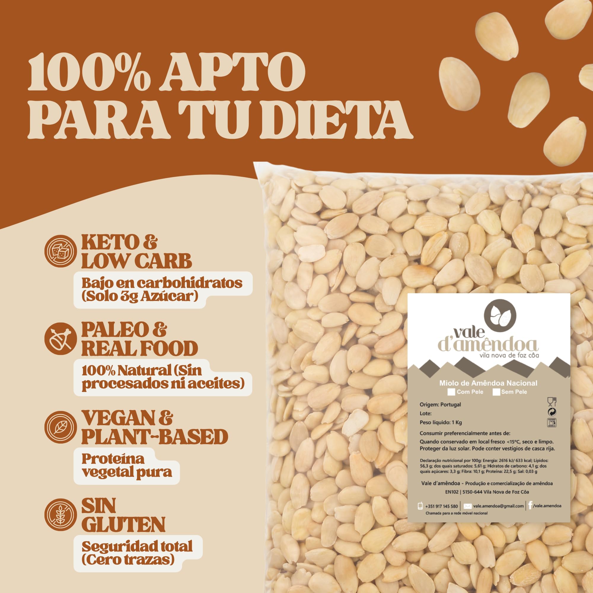 Vale D'Amêndoa Almendras Crudas Sin Piel 1kg, Calibre Grande S/14, Frutos Secos Naturales de Portugal, Sabor Dulce y Mantecoso, Ideal Snack, Repostería y Harina de Almendra, Keto, Vegano, Sin Gluten