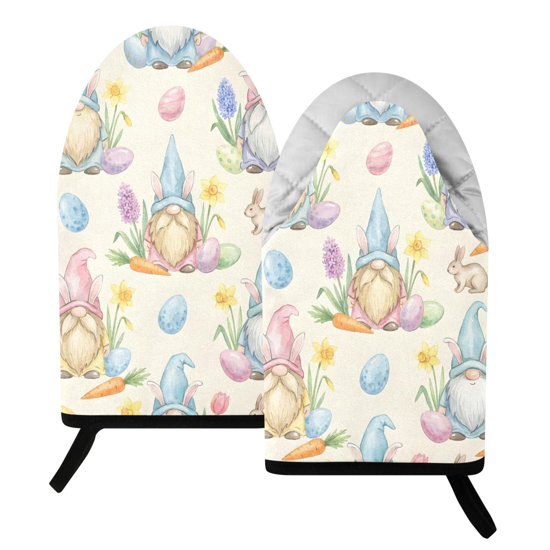 Kutsu Watercolor Easter Gnome Oven Mitts for Kitchen, Heat Resistant Cotton Oven Gloves for BBQ Baking Cooking, Breathable Kitchen Essentials, 2 pcs
