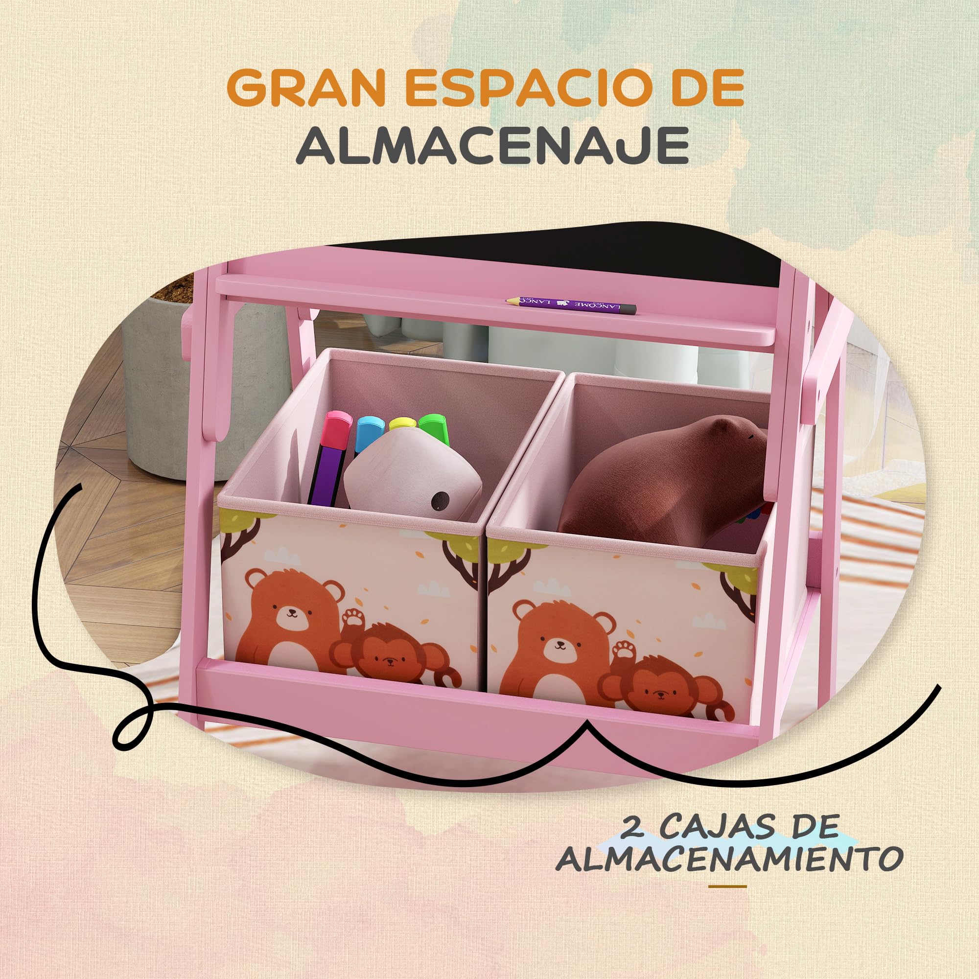 AIYAPLAY Pizarra Infantil Caballete 2 en 1 Doble Cara con Pizarra Blanca 2 Cestas de Almacenamiento Caballete Pintura Niños con Estampado de Animales 53,5x49x113 cm Rosa