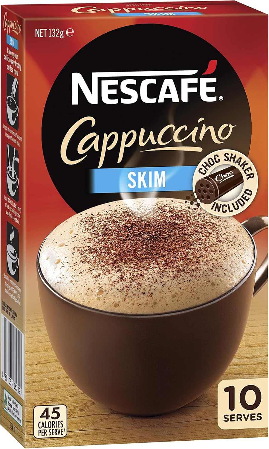 NESCAFÉ Skim Cappuccino Coffee Sachets 10 Pack, Chocolate Shaker