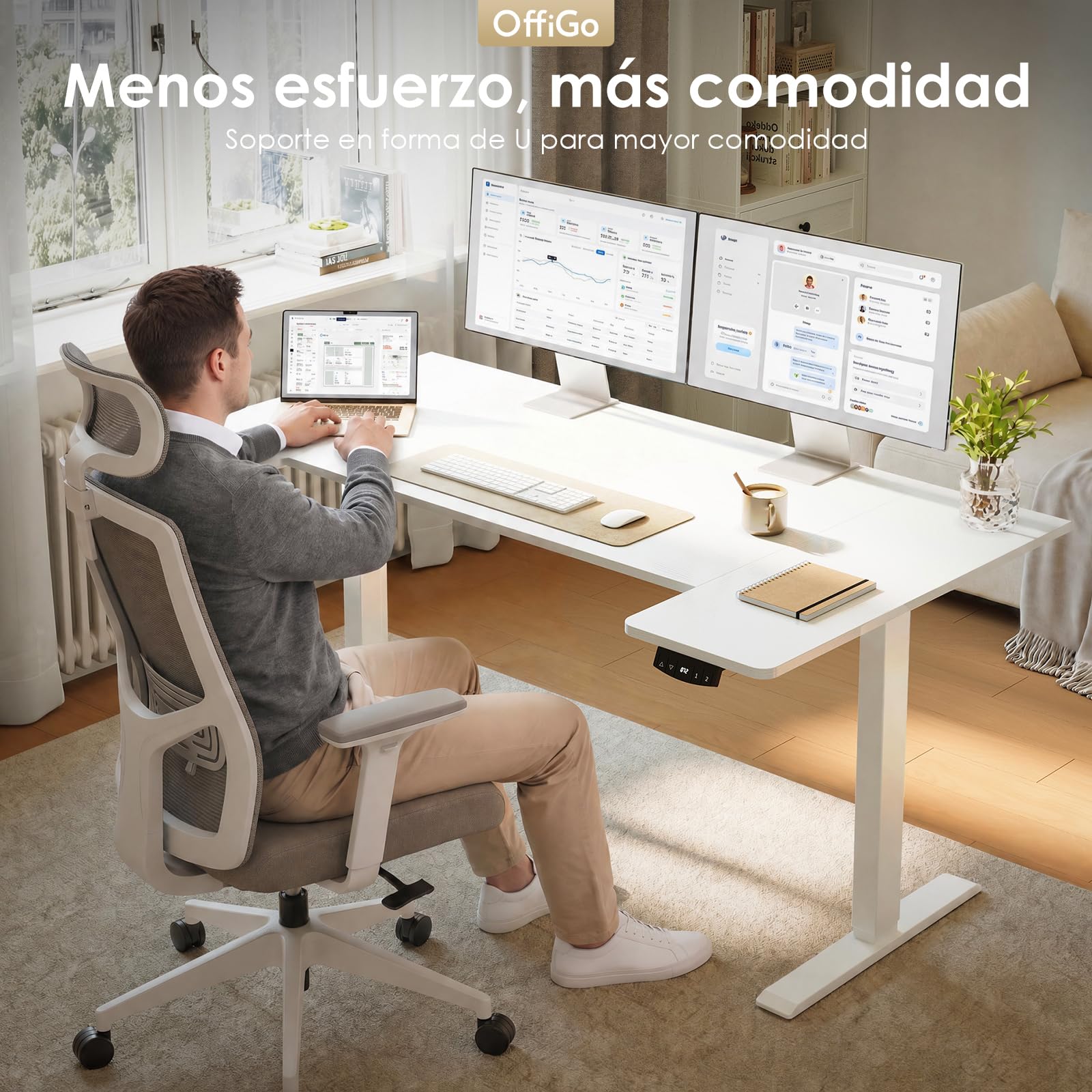OffiGo Mesa Elevable Escritorio con Memoria, 140×70 cm, Blanco | Cubierta en forma de U, 2 memorias, eescritorio elevable para oficina en casa, mesa regulable 72-119 cm, motor silencioso