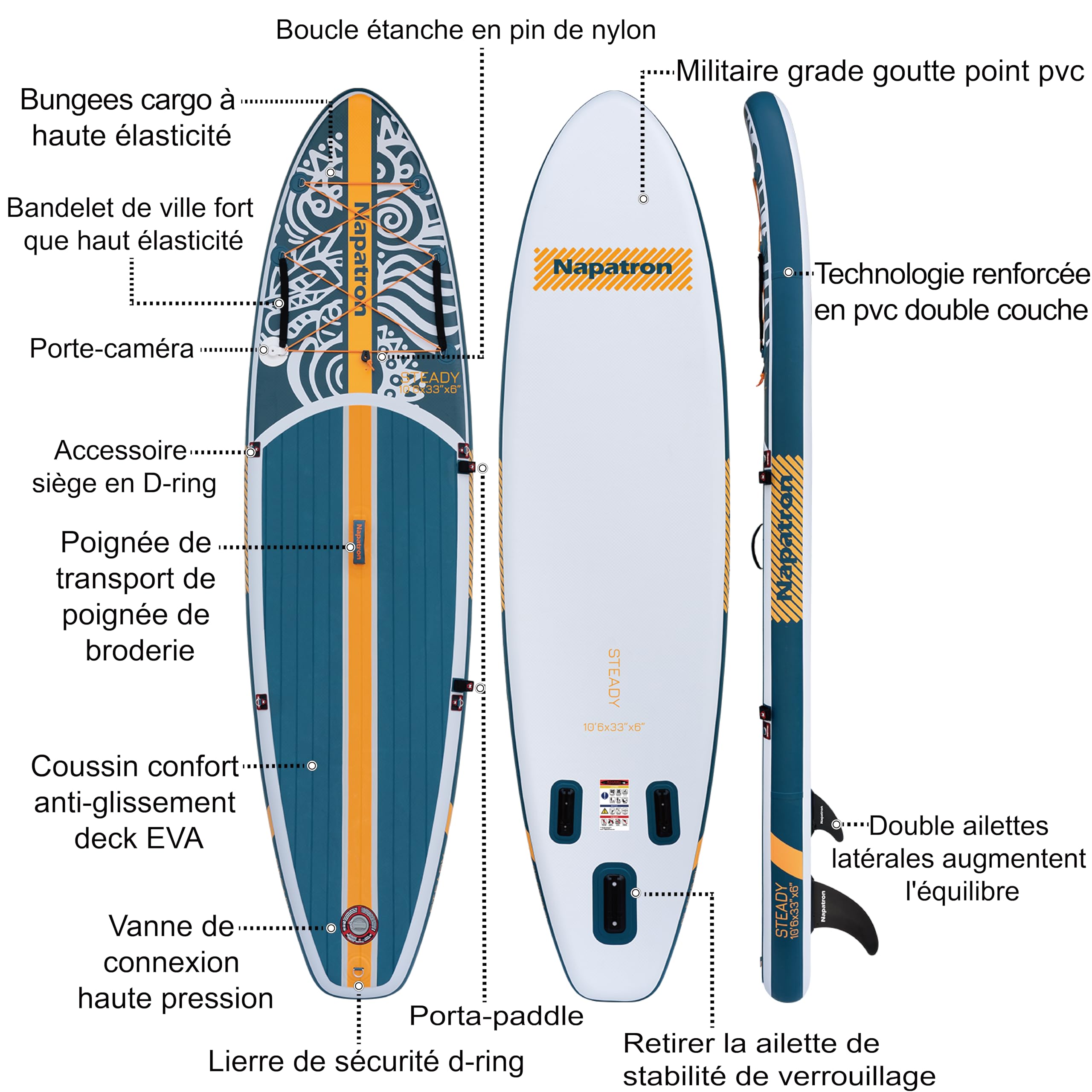 Napatron Planche à pagaie gonflable, 3 m, ultra légère avec pagaie réglable, pont antidérapant, laisse enroulée et sac de transport, planche à pagaie stable tout autour pour adultes