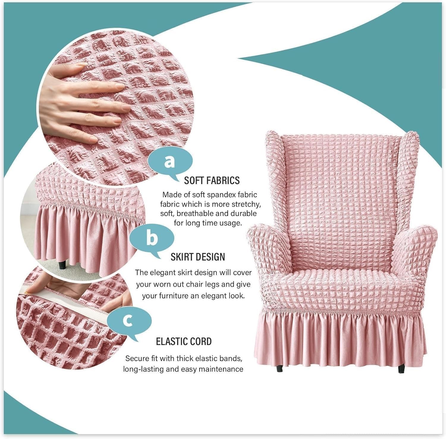 Generisch Elastische Seersucker-Husse für Ohrensessel – Universal Ohrensesselbezug mit Rüschen, Waschbarer Sesselbezug für Wohnzimmer, Hochlehner-Schonbezug im Set(Pink,Chair)