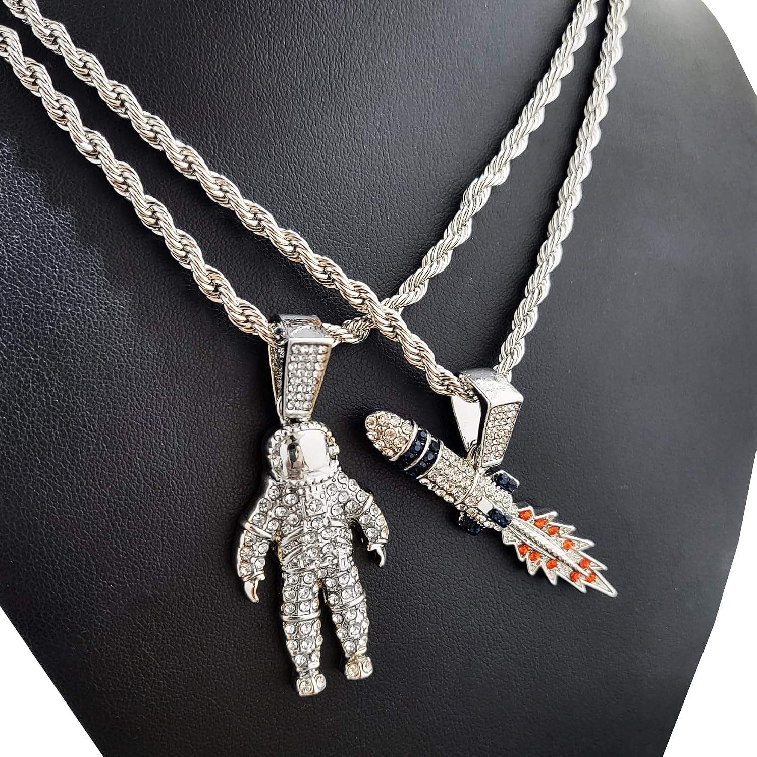 Gold Silver Plated Simulated Diamond Iced Astronaut & Spaceship Rocket Pendant w/ 4mm 24" Rope Chain Necklace Gift Set