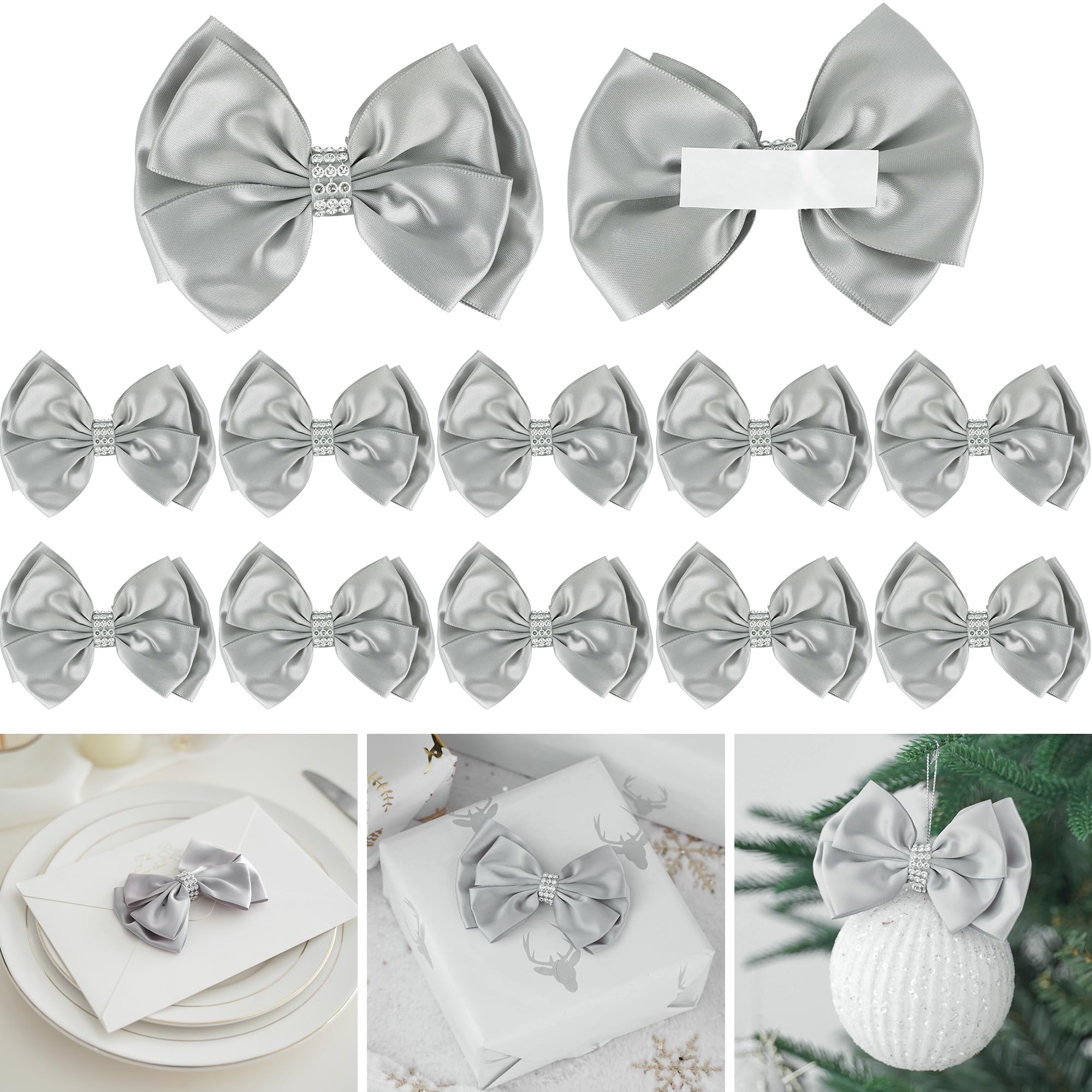 LiBongTa Silver Satin Bows 12 PCS Pre-Made Peel and Stick 4'' Gift Bows with Rhinestone for Wedding Party Event Decor Gift Wrapping Craft Birthday