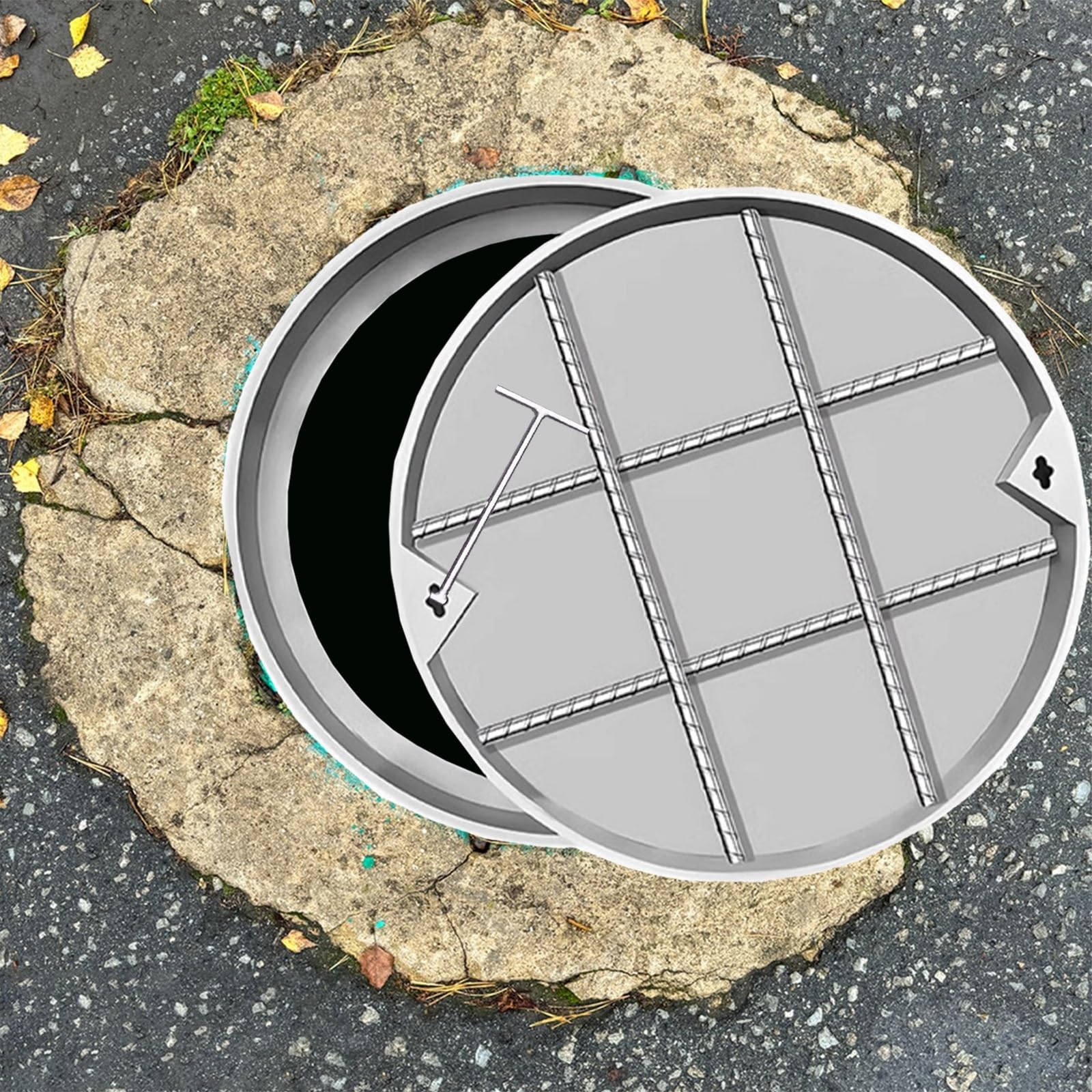 Coperchio e Telaio per pozzetto di Scarico Rotondo di Grandi Dimensioni in Acciaio Inox – Coperchio per Fossa settica e fognatura per parchi, Strade, marciapiedi – Disponibile nelle Misure d