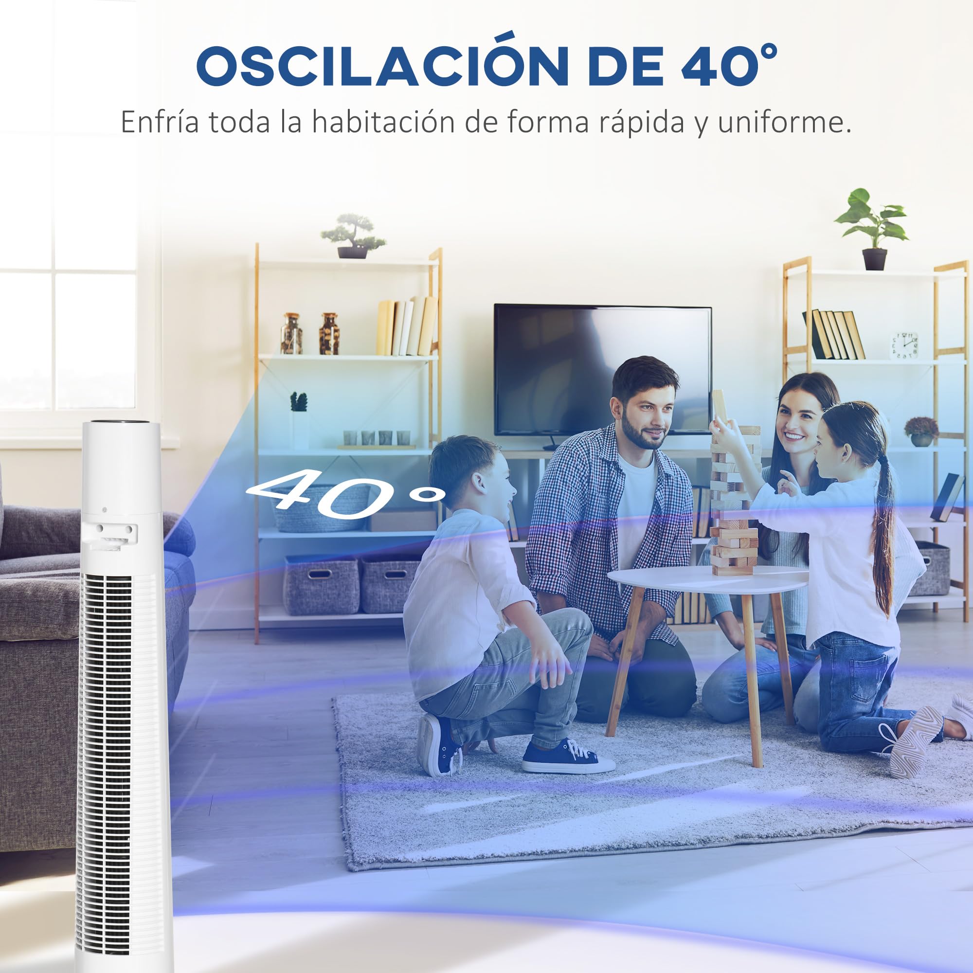 HOMCOM Ventilador de Torre Ventilador de Pie 50W Ø32x118,2 cm Blanco | Silencioso con Control Remoto, 3 Velocidades, 3 Modos, Temporizador 12H, Oscilación 40°, Pantalla LED, para Hogar y Oficina