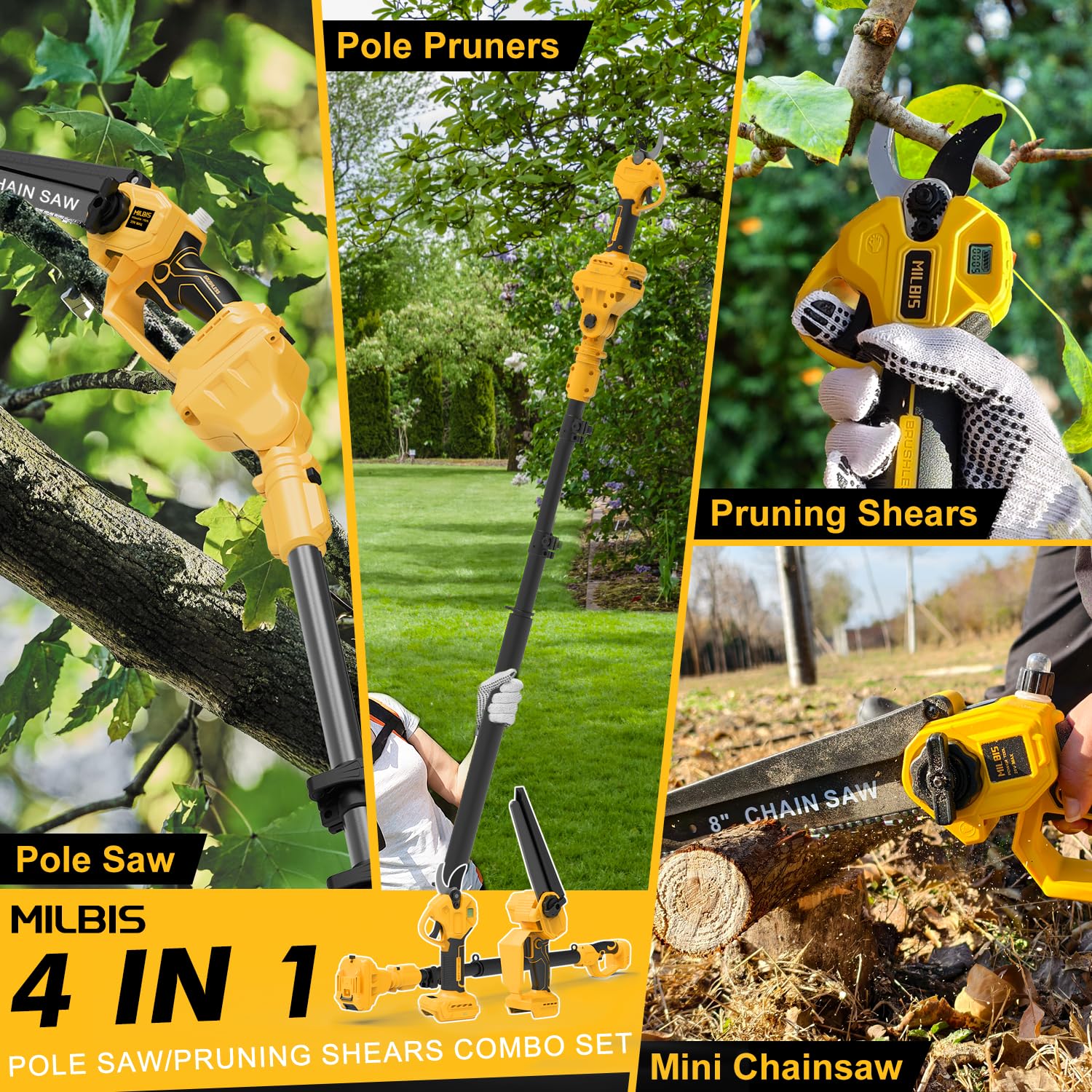Condition photo showing Good Condition for 4-in-1 cordless pole saw & electric pruning shears for dewalt 20v battery, 8 inch brushless mini chainsaw with extension pole, 15 ft reach, auto oiling, for tree trimmer branch cutter(no battery)