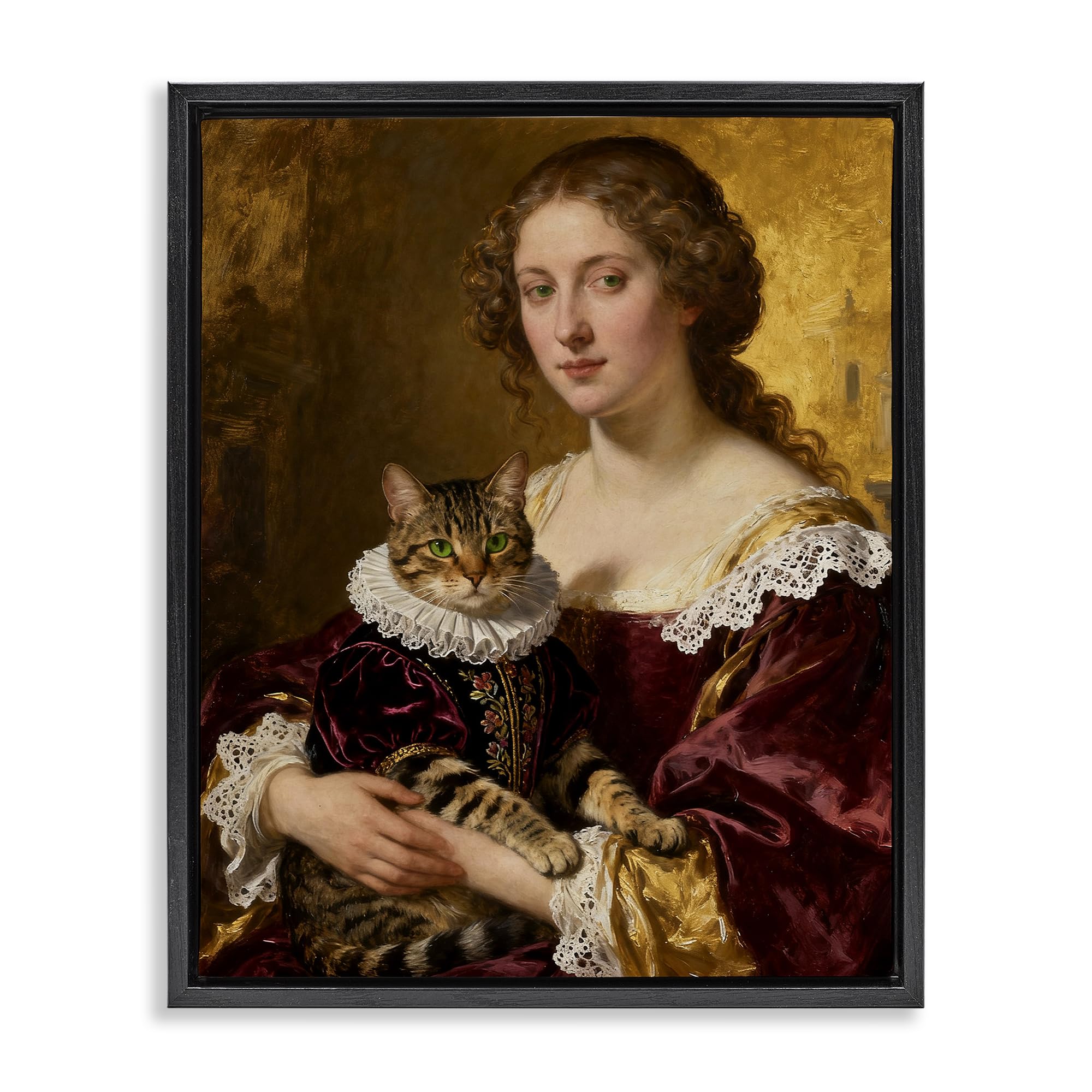 Stupell Industries Jet Black (Matte) 'Renaissance Lady With Regal Cat'| Floating Frame Canvas Art
