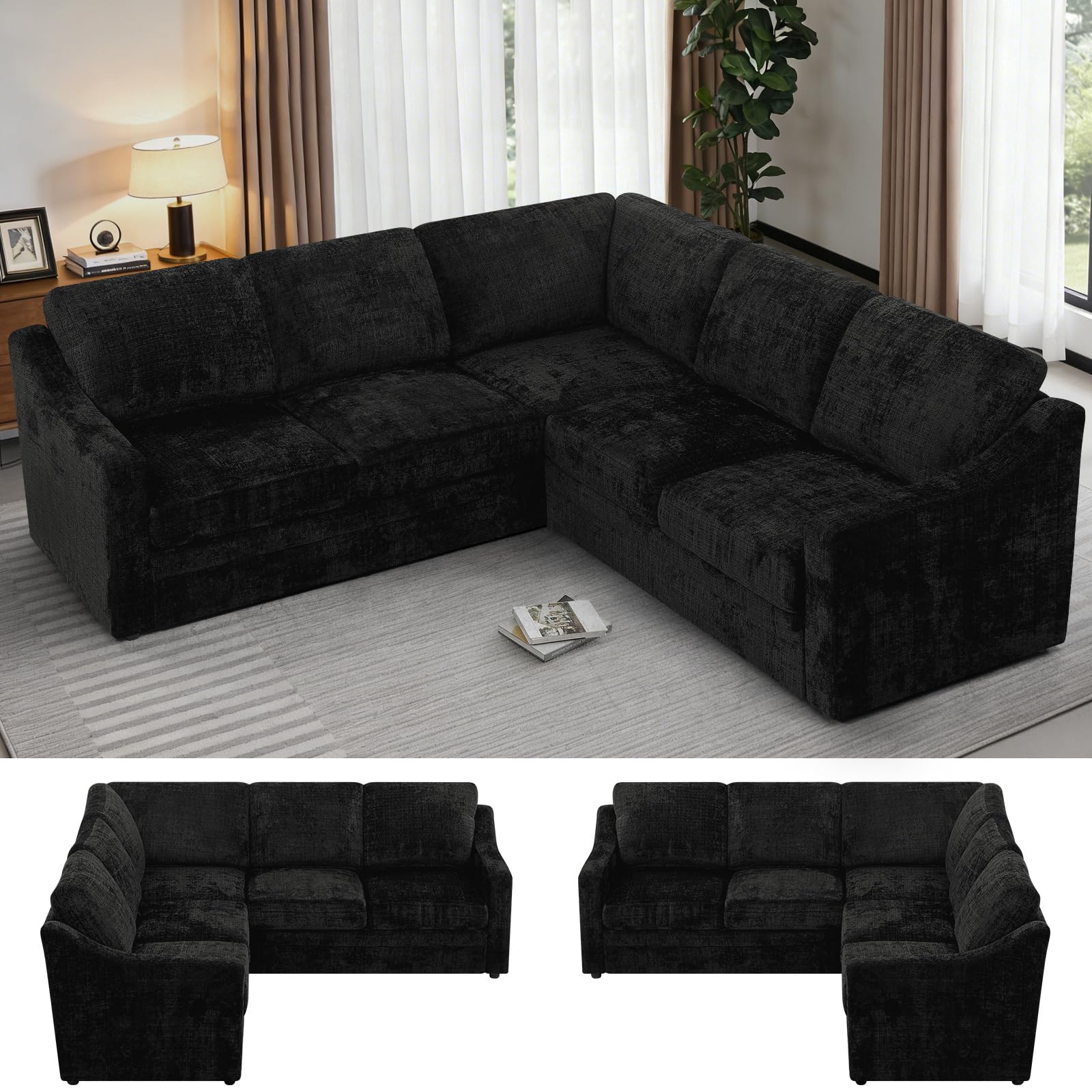 89" Chenille Sectional Sofa with High Density Sponge, Modern 5 Seats Corner Couch with Deep Seat, Comfy Modular L Shaped Couch with Comfortable Back Cushions for Living Room, Black
