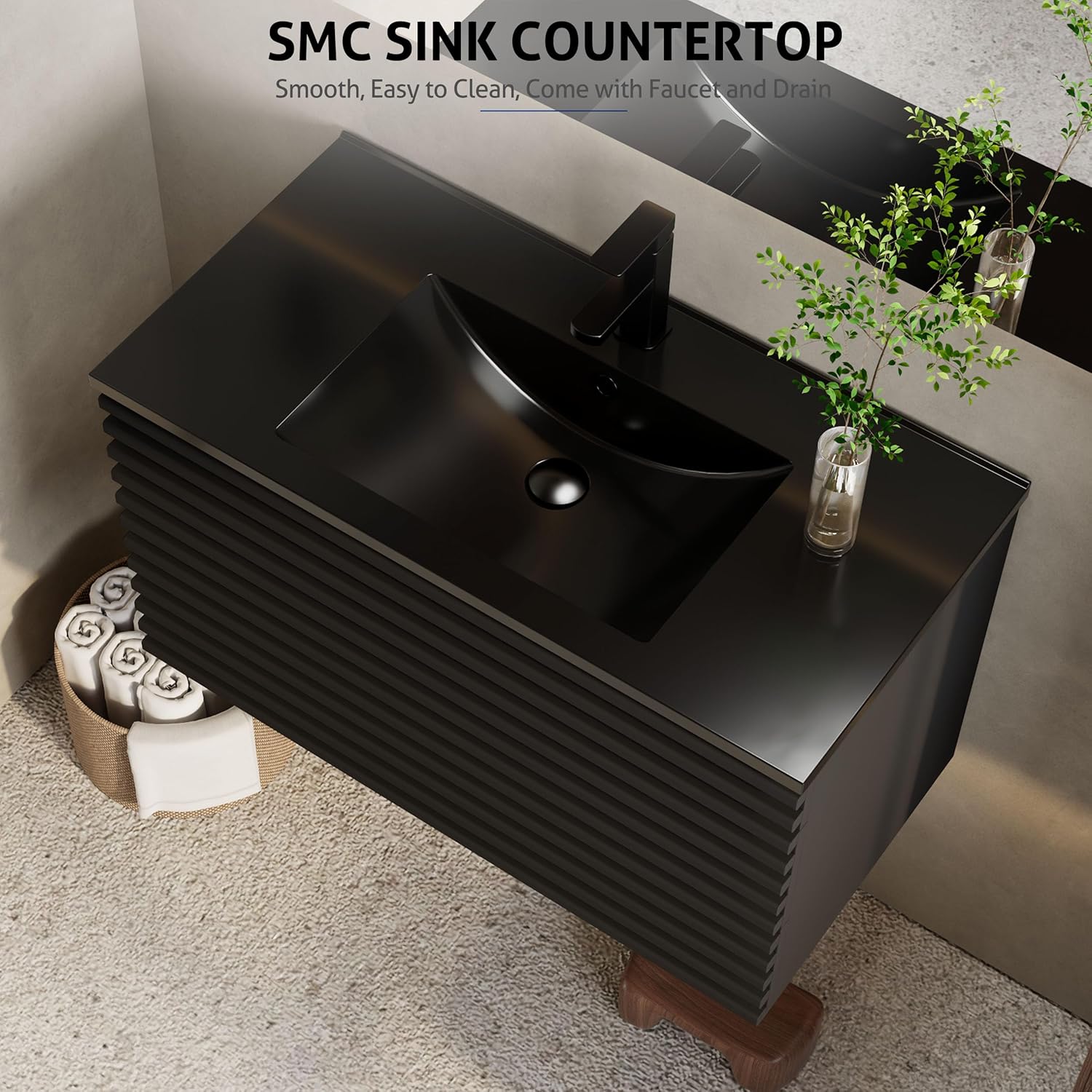 eclife 36" Floating Bathroom Vanity with Sink Combo, Mid-Century Wall Mounted Cabinet with Wood Stripes Decor, Drawers, Undermount Single Black Sink, Faucet, Drain, Black