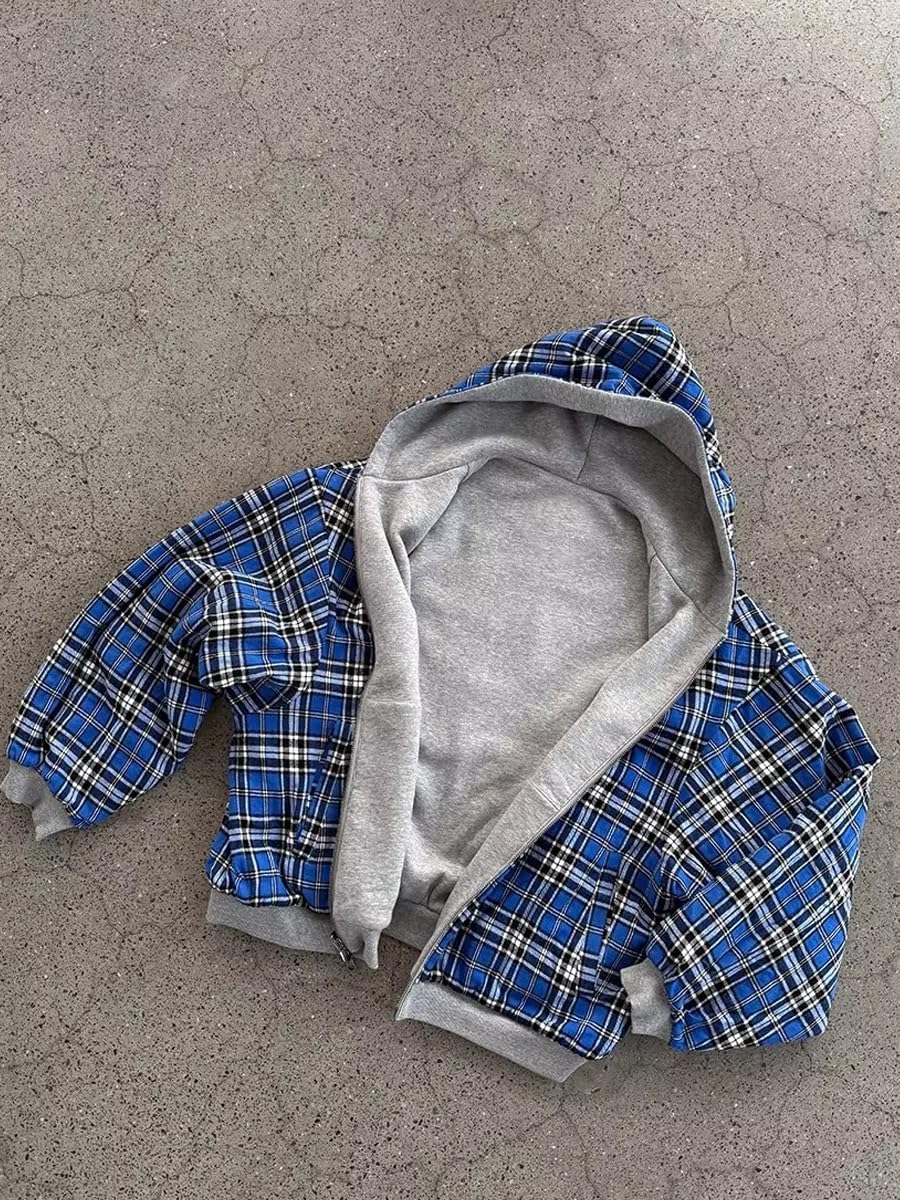 BONVEN Y2k Oversized Zip Up Hoodies Men Women Reversible Plaid Preppy Grunge Vintage Sweatshirts Trendy Streetwear