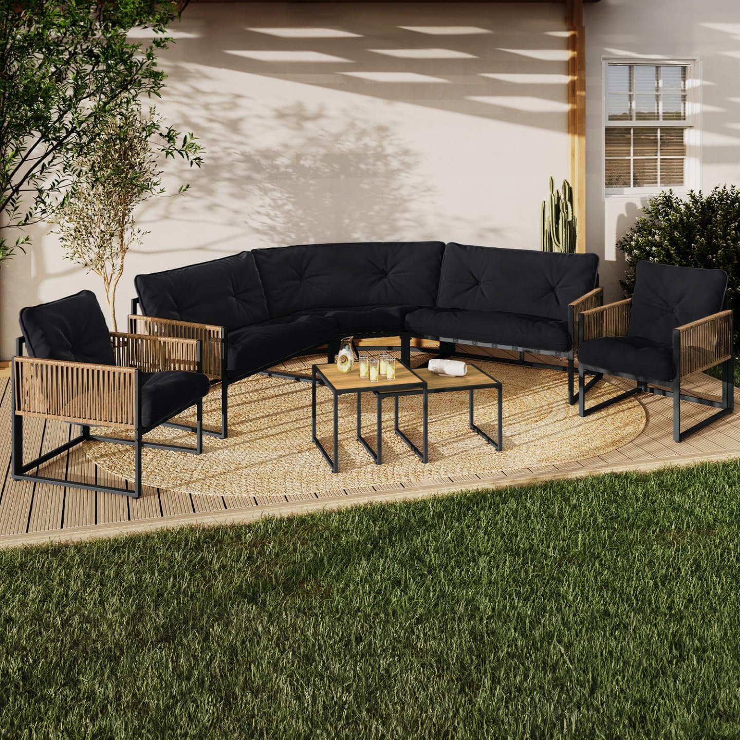 IDMarket - Salon de Jardin Bas Rio 8 Places Salon d'angle Structure métal