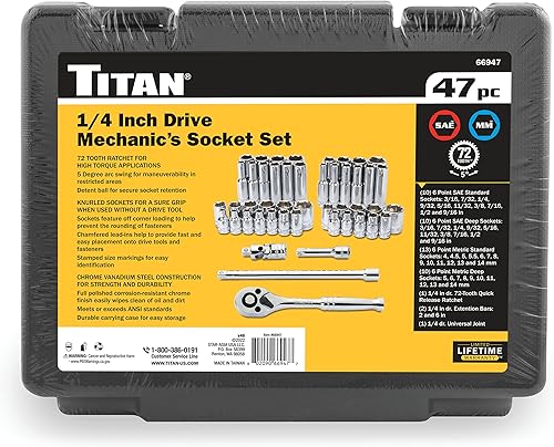 Miniatura 2 de Titan 66947 Juego de 47 piezas de 14 pulgadas de mecánico de accionamiento SAEjuego de llaves métricas y trinquete