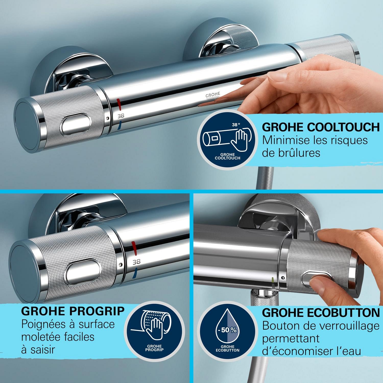 Grohe Precision Feel 34791001 zestaw prysznicowy oszczędzający wodę ~ 8 l/min (3 rodzaje strumienia, CoolTouch – bez oparzeń na termostatze, drążek prysznicowy 60 cm, w zestawie z narzędziami