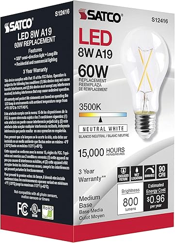 Miniatura 5 de Satco Lámparas de filamento LED regulables, S12416, 810 lúmenes, 8 vatios, A19; transparente; base media; 3500 K; 90 CRI; 120 voltios para uso