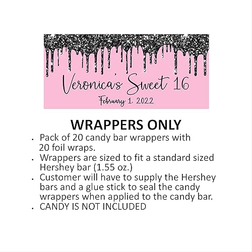 Miniatura 7 de Glitter Drip Personalized Candy Bar Wrappers, Birthday Party Favors, Chocolate Bar Labels for Baby Shower, Bridal Shower, Pack of 20 (Silver)