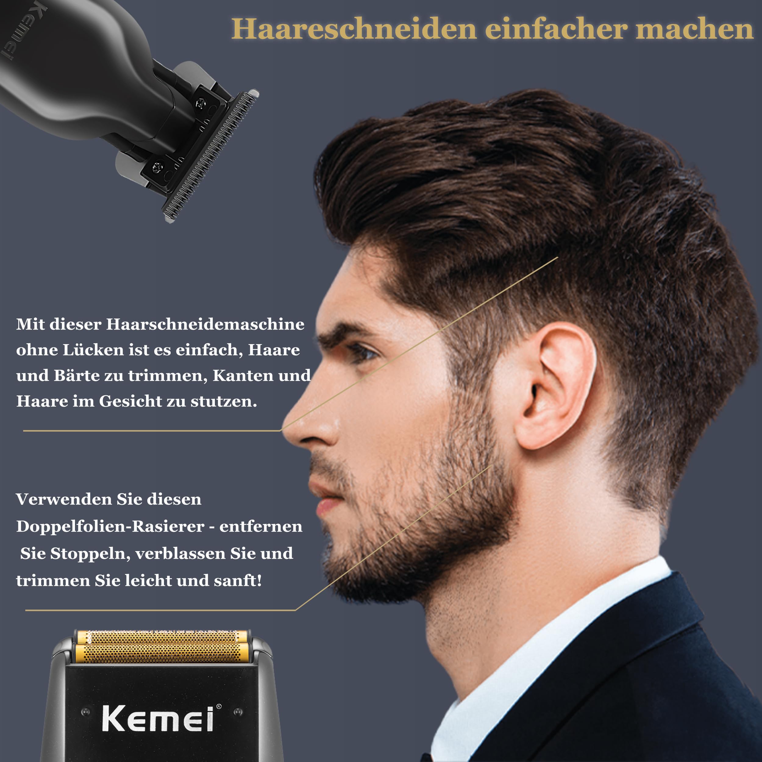 Kemei Elektrorasierer für und Haarschneidemaschine für Männer, professioneller Trimmer ohne Zwischenraum, kabelloser Kopfrasierer mit Glatze, 1102+2299