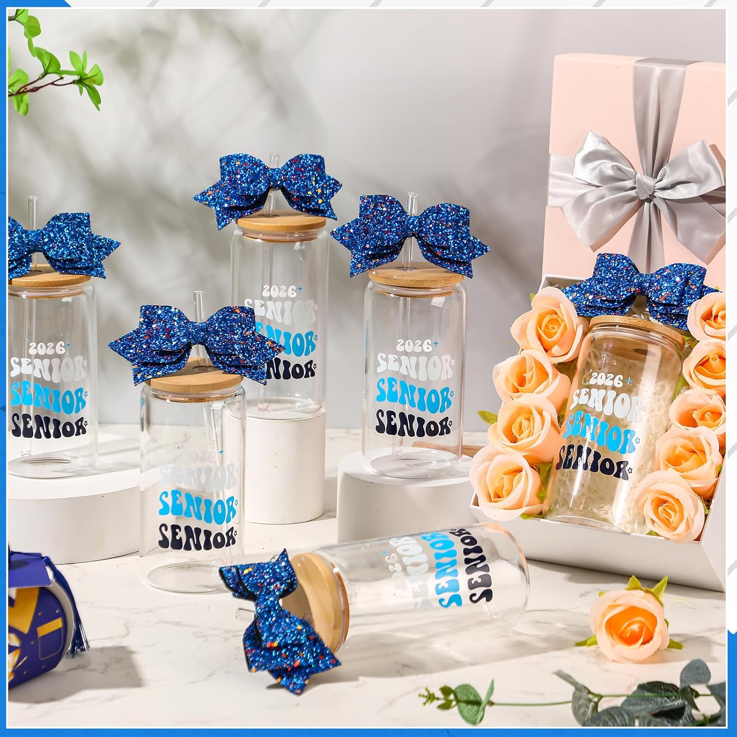 Hushee 6 Set Class of 2026 Senior Night Gifts 16 oz Glass Water Bottle with Lids Straws Glitter Bow Straw Topper Senior 2026 Tumbler Graduation Gift for Her Women Team Coach Player(Blue)
