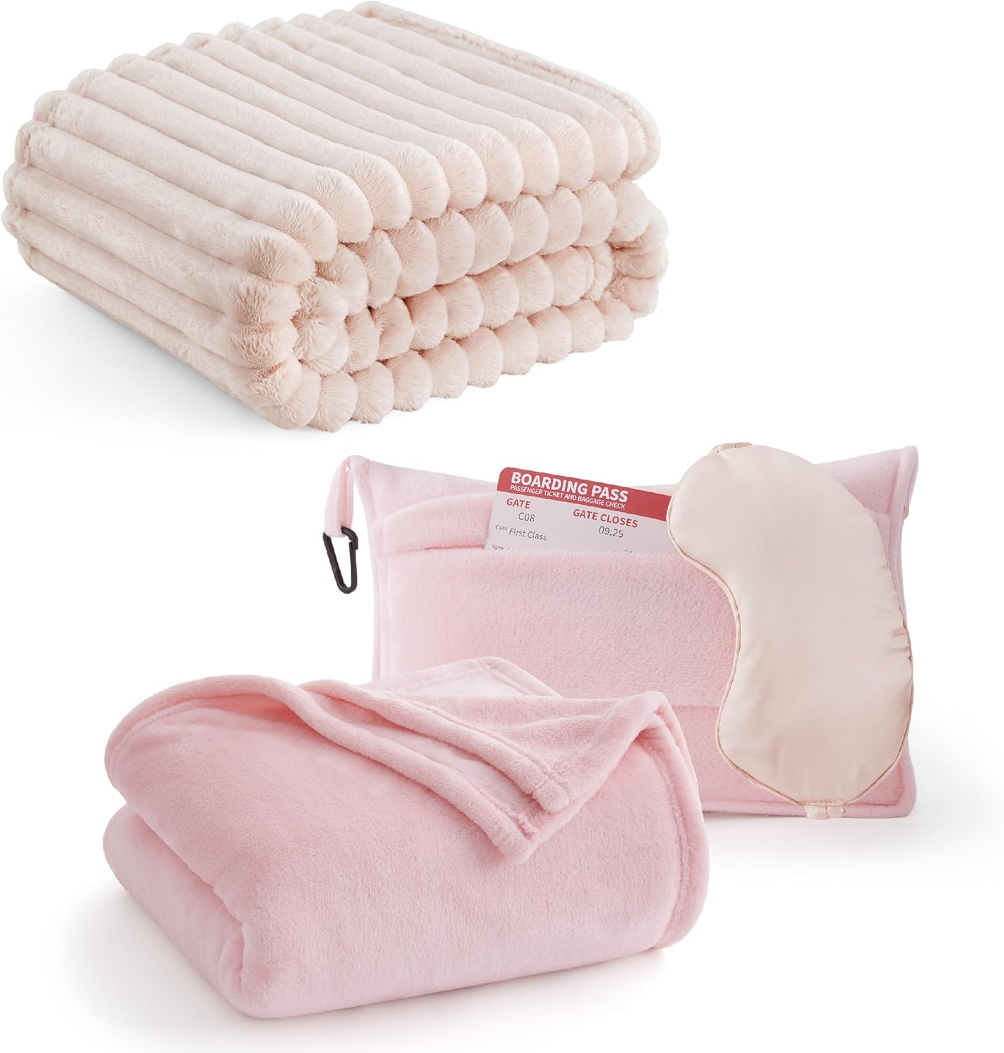 Bedsure 3-in-1 Compact Travel Blanket and Pillow Set Pink & Fleece Throw Blanket Crystal Pink 60x80