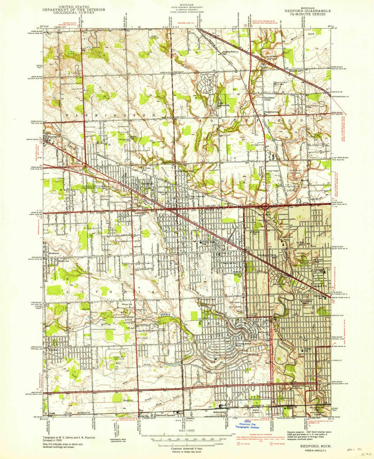 YellowMapsRedford MI topo map, 1:24000 Scale, 7.5 X 7.5 Minute, Historical, 1942, 26.9 x 21.9 in