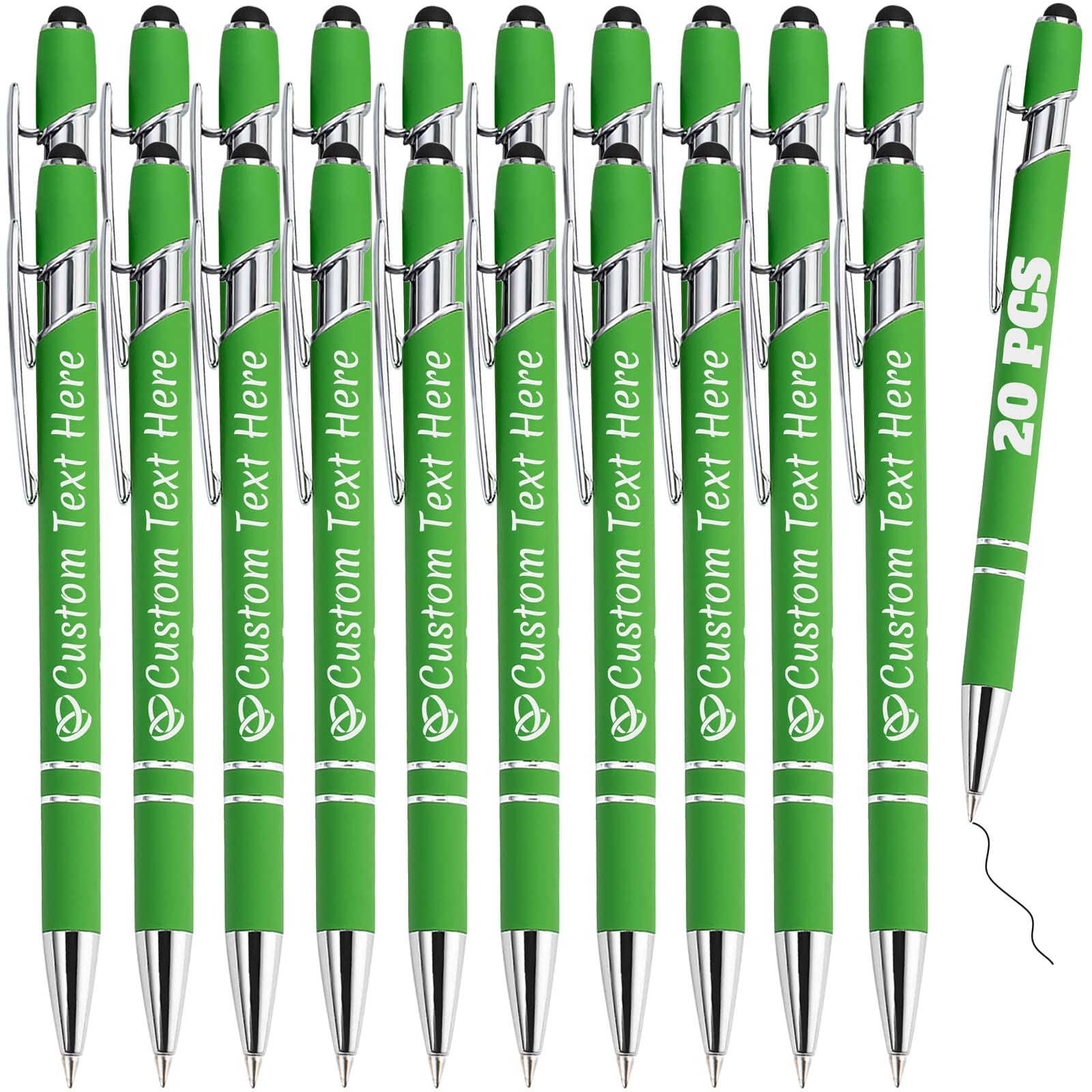 Personalised Pens Bulk 20 with Name Custom Engraving Ballpoint Pens with Stylus Tip Customised Smooth Writing Pens Personalised Gifts for Anniversary Birthday or Graduation(Light Green,Black Ink) — image 1
