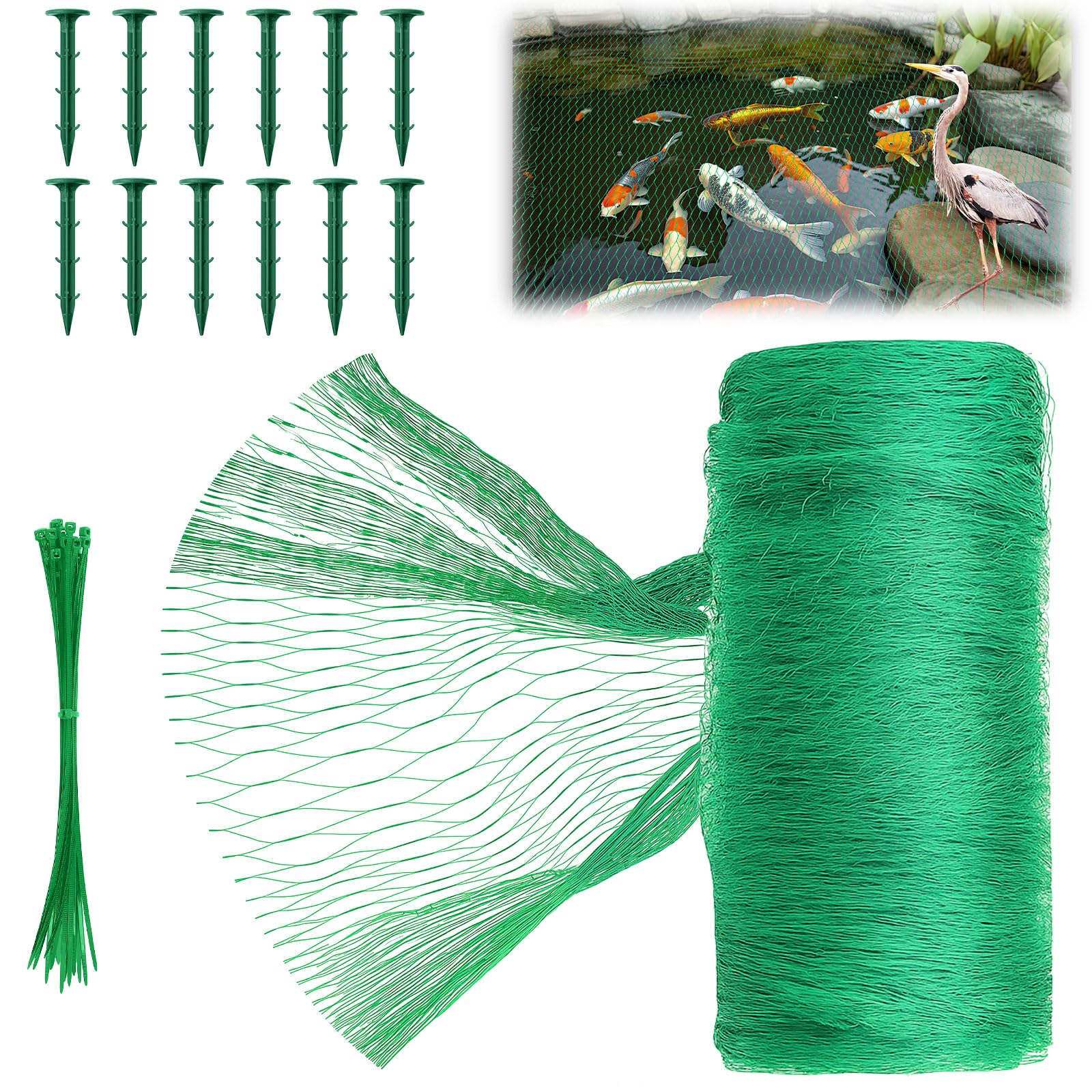 Koi Pond Netting Kit 7 x 10ft, Bird Deer Fence Netting, Durable Net Cover for Leaves, Heavy Duty Fine Mesh, Protect Fish from Birds, Cats &amp; Predators, 12pcs Stakes &amp; Ties Included(Green)