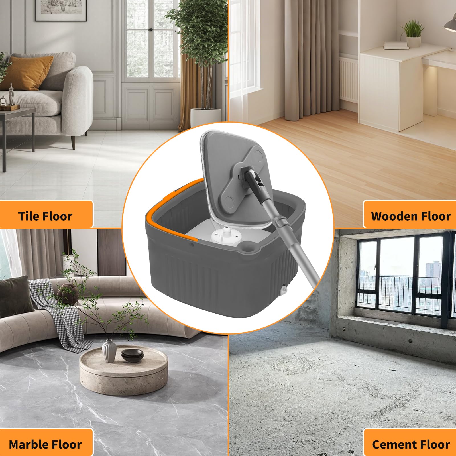 Mopa Fregona con Cubo Escurridor, 360 ° Rotación Telescópica Fregona Autoescurrible, Separación De Agua Limpia Y Sucia, Equipado con 2 Almohadillas Reutilizables, Adecuado para Una Variedad De Pisos