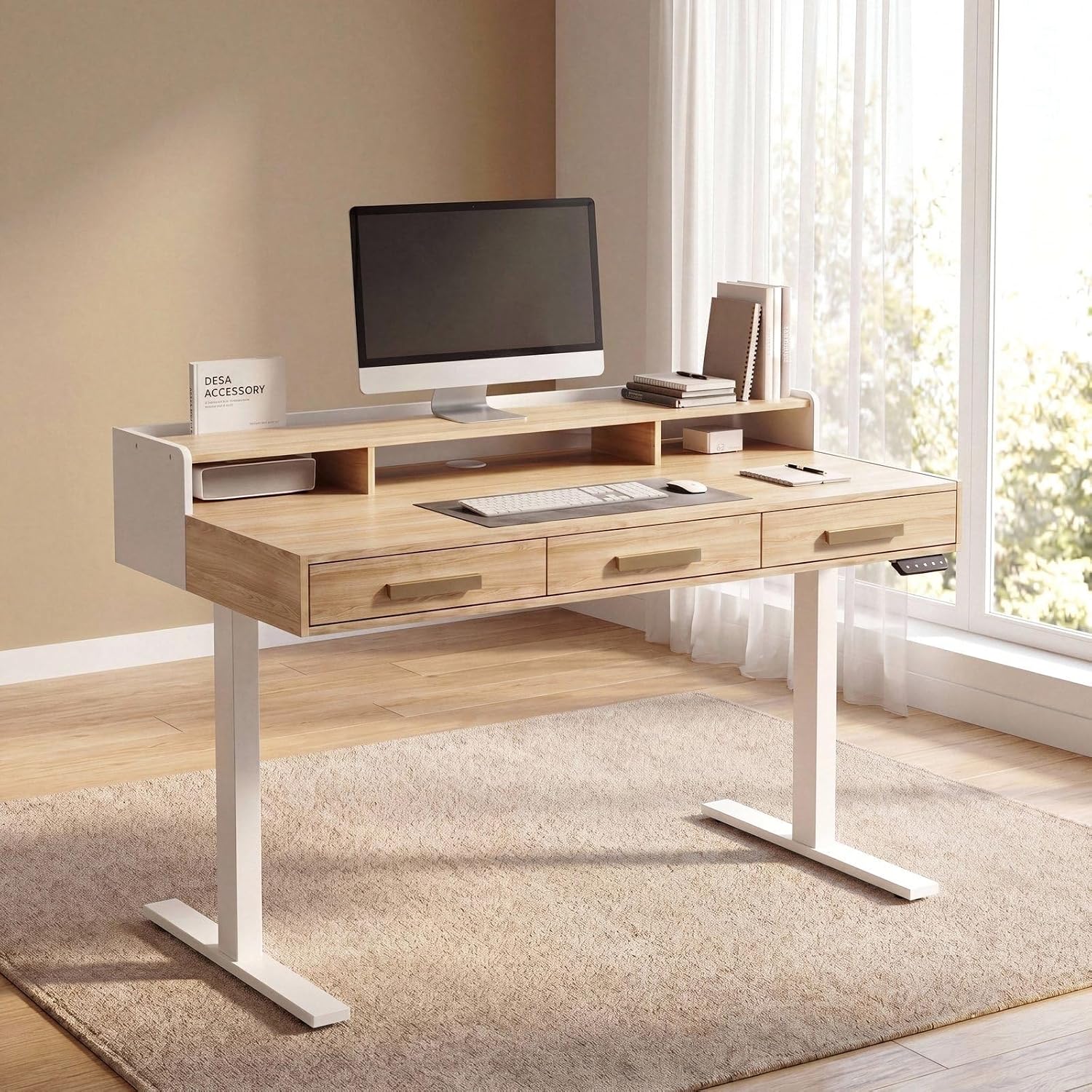 ModernMate 48" Electric Standing Desk with 3 Drawers & Monitor Shelf