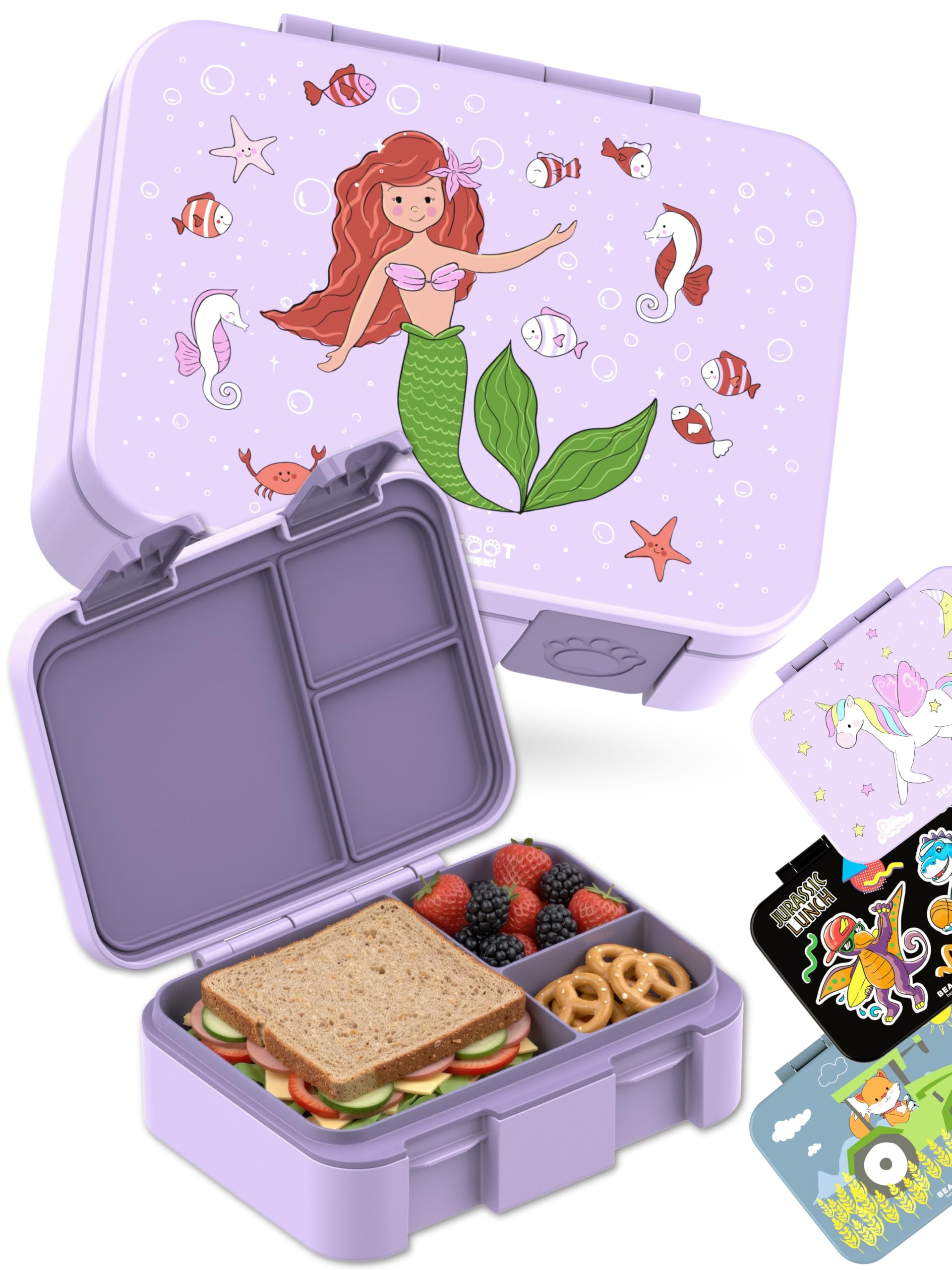 BEARFOOT Pudełko bento, śniadaniówka dla dzieci, bez BPA, do szkoły i przedszkola, szczelne pudełko na lunch dla dziewcząt i chłopców, praktyczne, lekkie i kompaktowe, syrenka, fioletowe, 650 ml