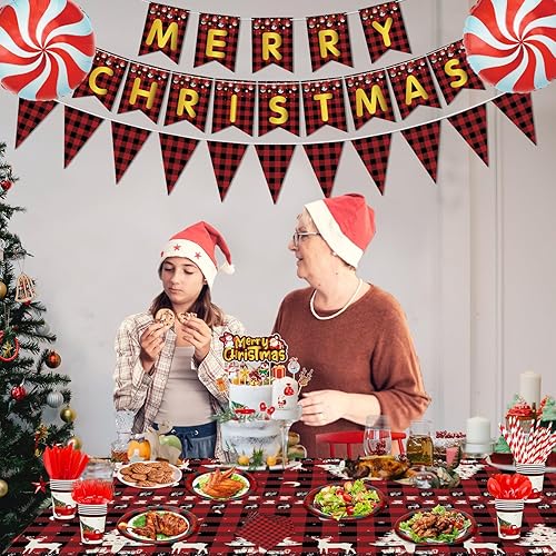 Miniatura 4 de Juego de 226 piezas de decoración de fiesta de Navidad, color rojo y negro, a cuadros, juego de vajilla para fiesta de Navidad, platos, servilletas,