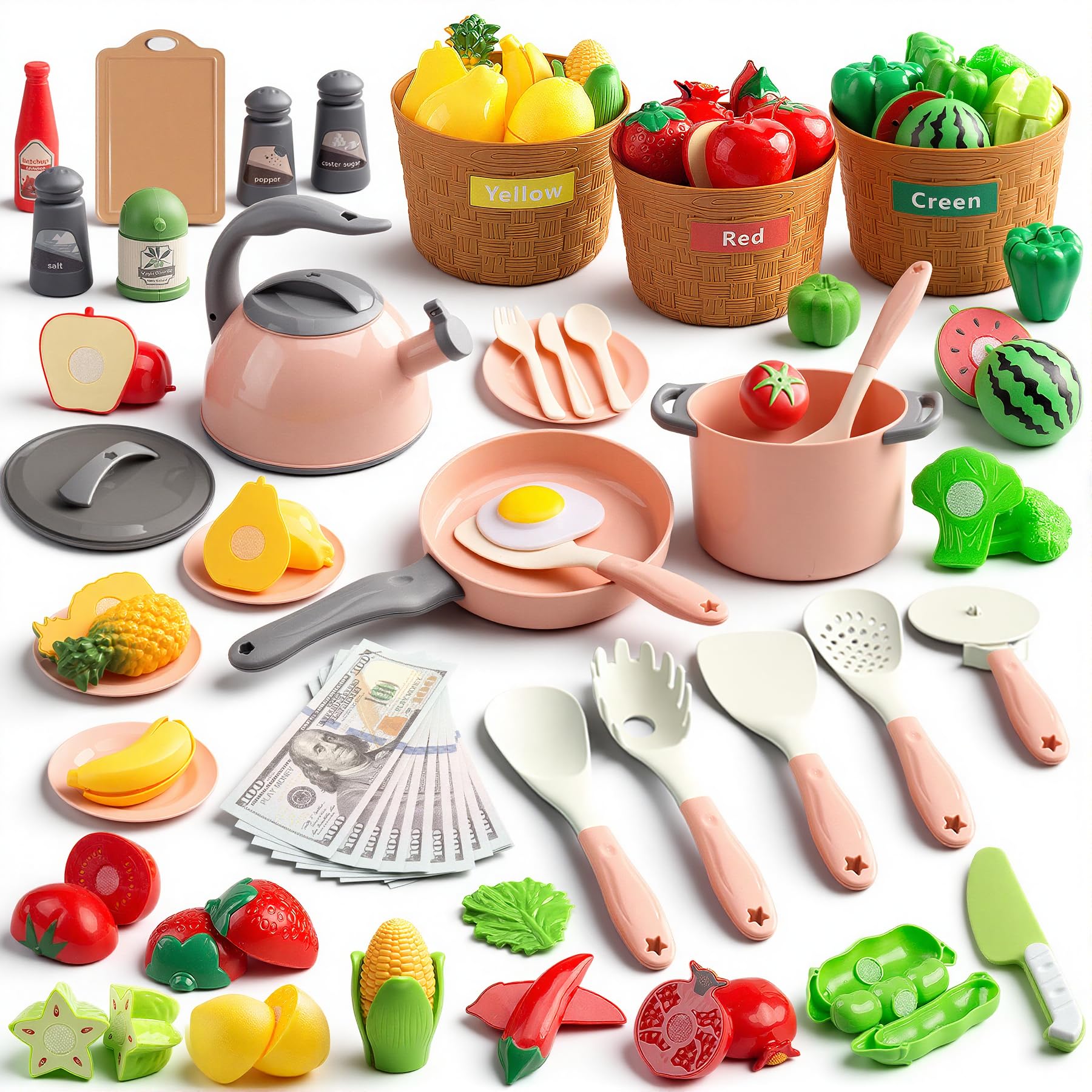 90Pcs Kitchen Playset Accessories, Pretend Cooking with Pots, Pans, Cookware, Food, Fruit, Veges, Color Sorting Baskets, Prop Money, Learning Gift for Girls Boys Toddlers (Pink)