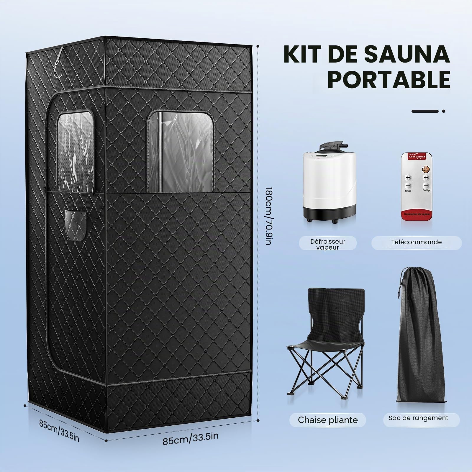 Sauna Tent,Sauna Exterieur,Sauna pour la Maison,3 min de Chauffage Rapide et 9 Niveaux de Chaleur,Vapozone Portable avec 2.6L Steamer, Chaise Pliante, Télécommande 180×80×80 CM