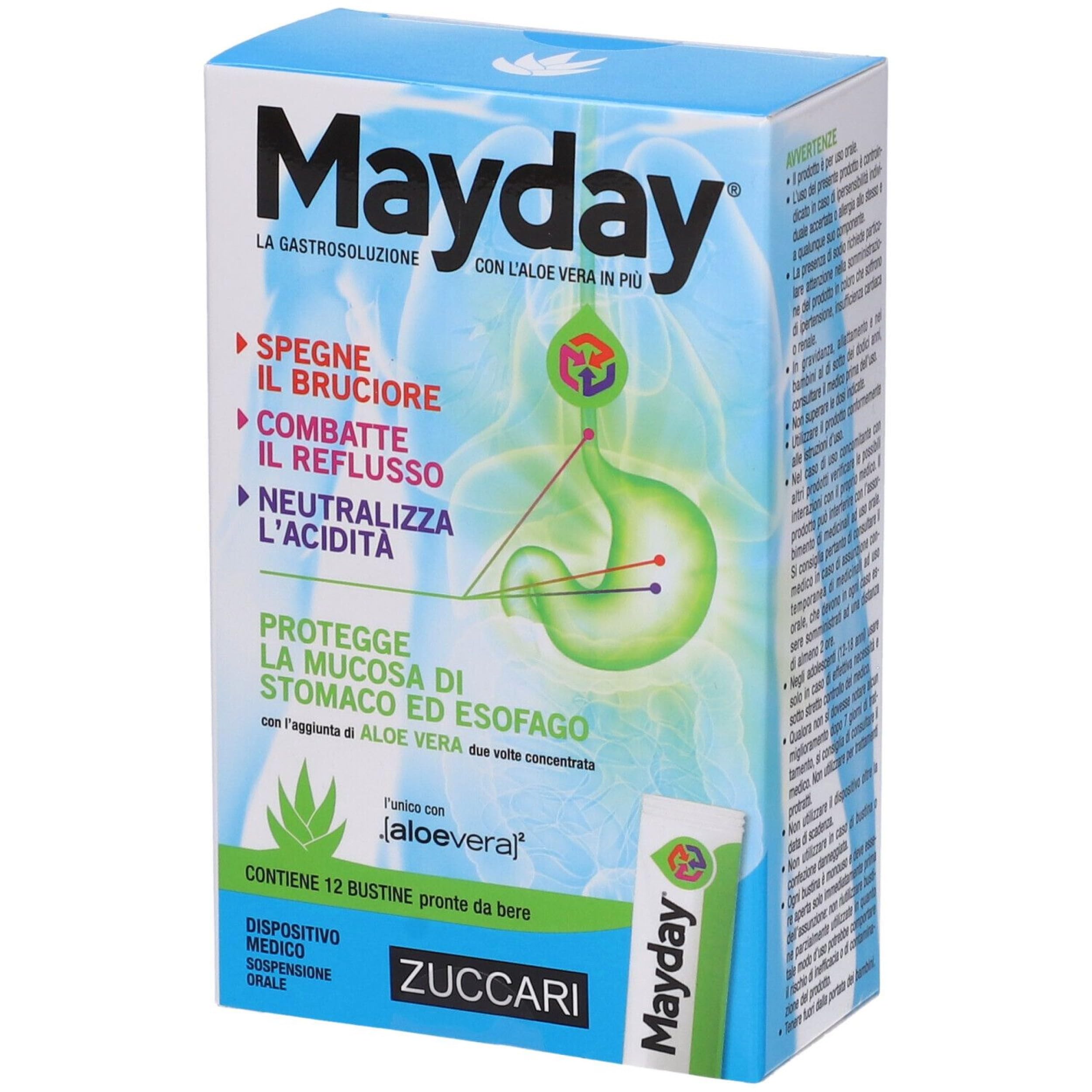 Zuccari Mayday Gastrosolution Lot de 12 bâtonnets de 10 ml avec double concentration d'aloe vera, alginate de sodium et bicarbonate de sodium, soulagement du reflux gastro-œsophagien et de