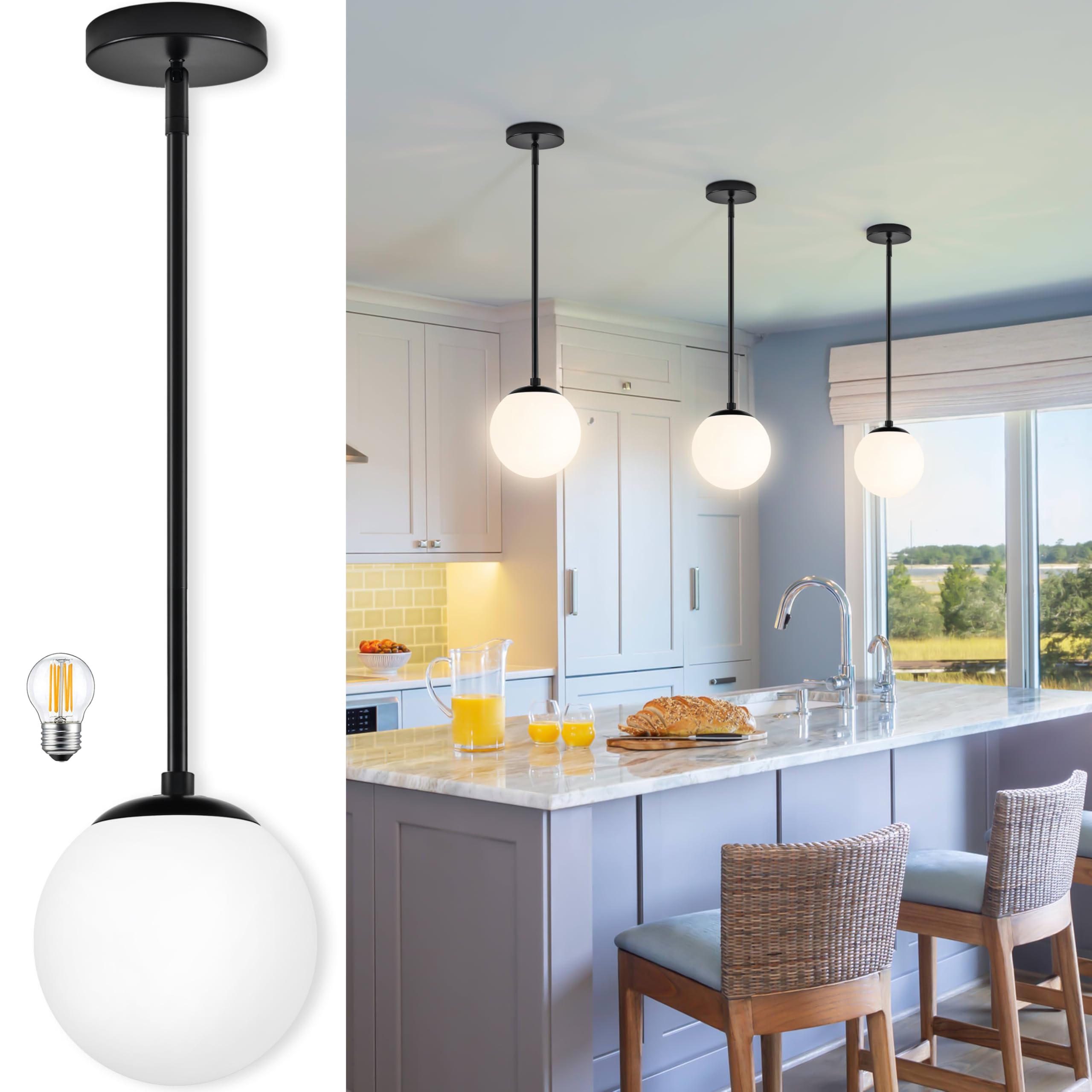Photo 1 of Bagood 6 Inch Globe Pendant Light Black Mid Century Modern Globe Light Fixture Mid Century Milk Glass Pendant Lamp Matte Black Finished with Milk Glass Lampshade for Kitchen Island