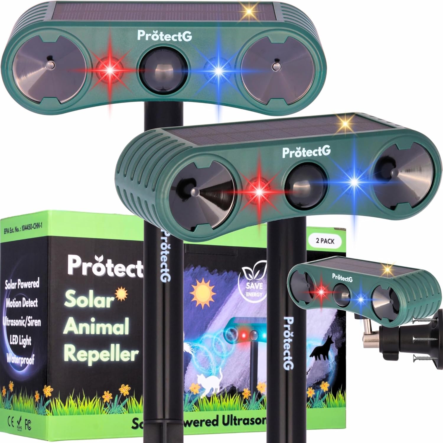 2 Pack Solar Ultrasonic Animal Repellent - Extended Coverage Deterrents - Waterproof Farm, Orchard, Large Yard Wildlife Defense for Cat, Squirrel, Raccoon, Skunk, Bird, Deer Repeller