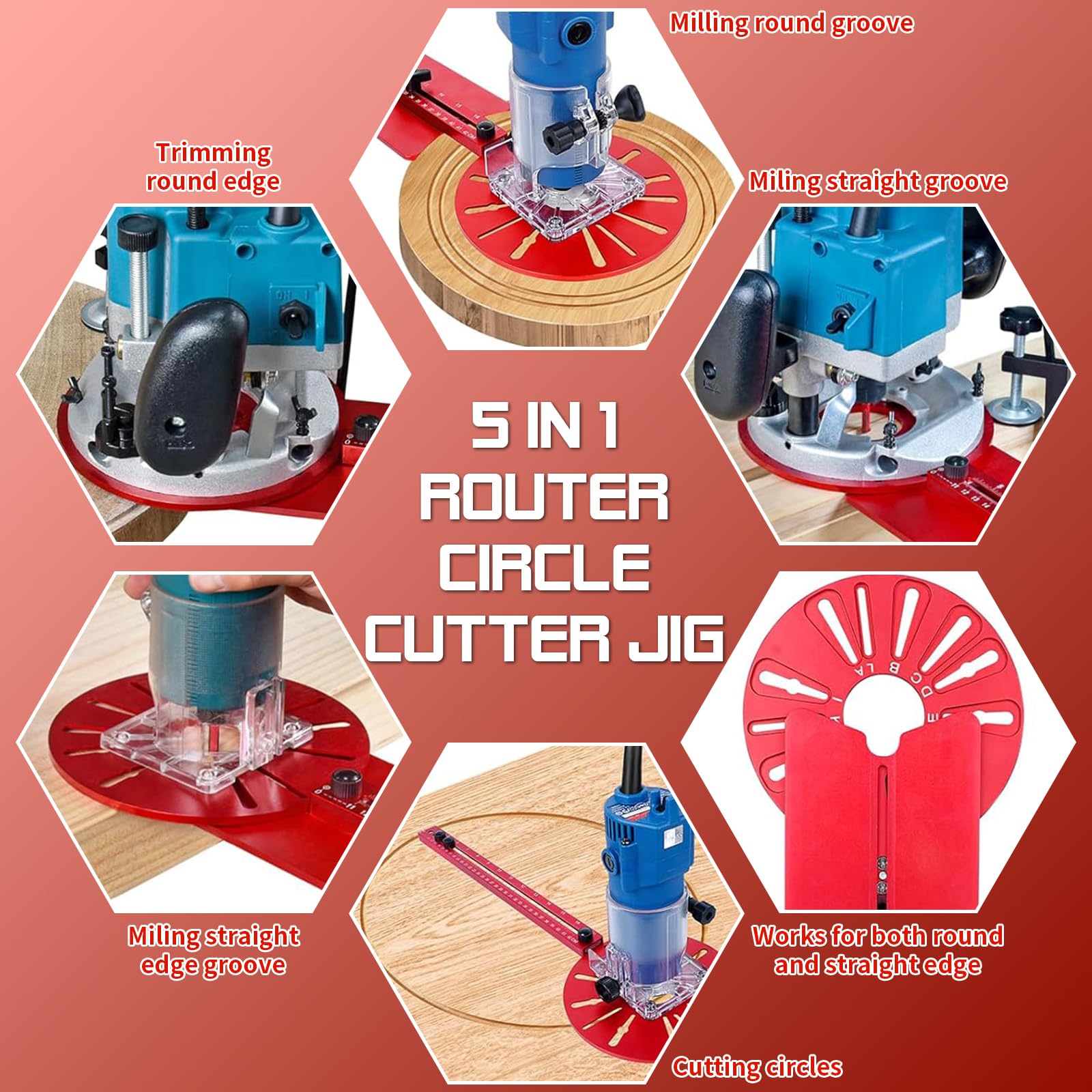 5 in 1 Router Circle Cutting Jig, Guida per la lavorazione del legno in alluminio per router, staffa regolabile della scanalatura di fresatura