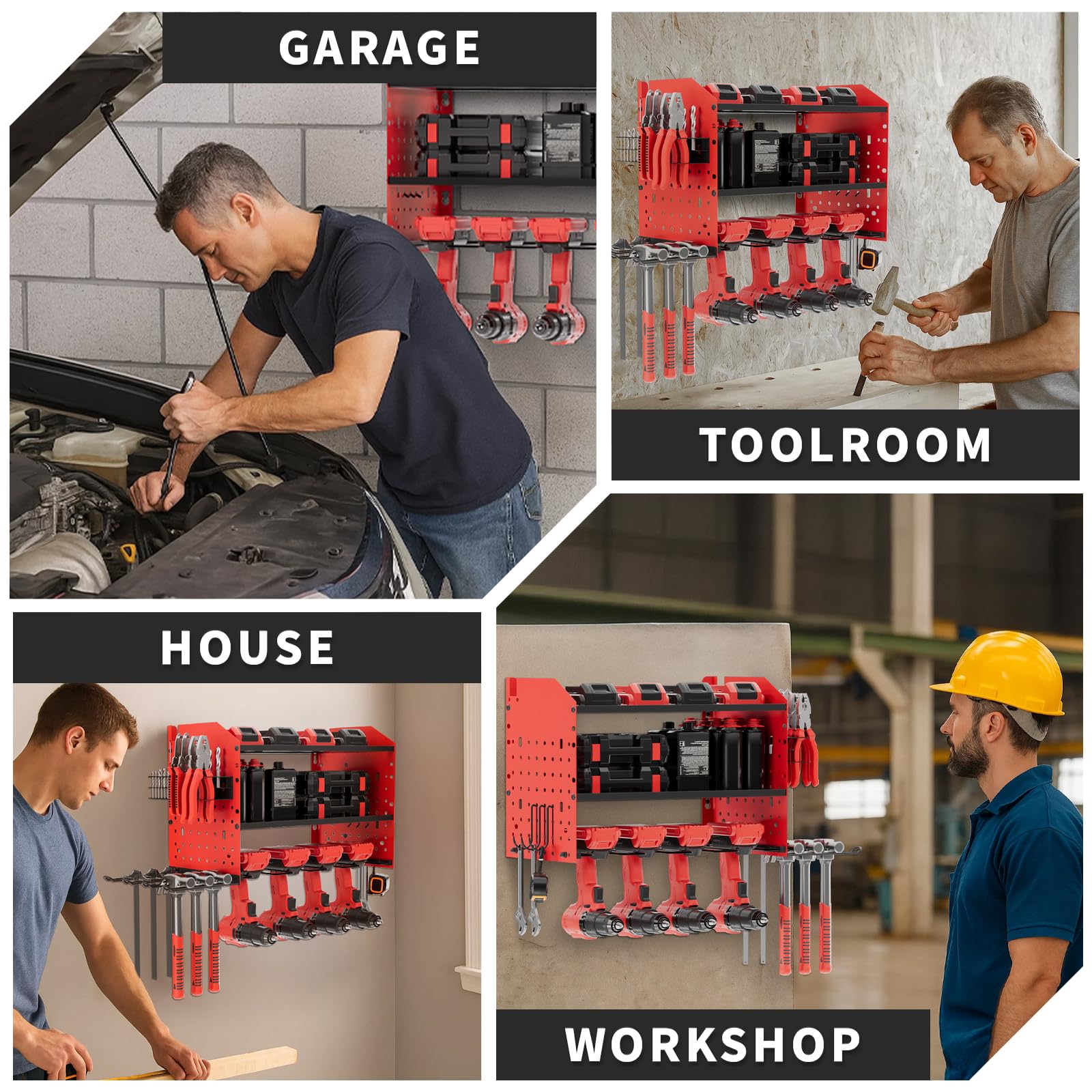 Supporto da parete a 2 livelli, per avvitatore a batteria, per 4 utensili elettrici, ideale per garage e officine (40 x 22 x 30 cm)