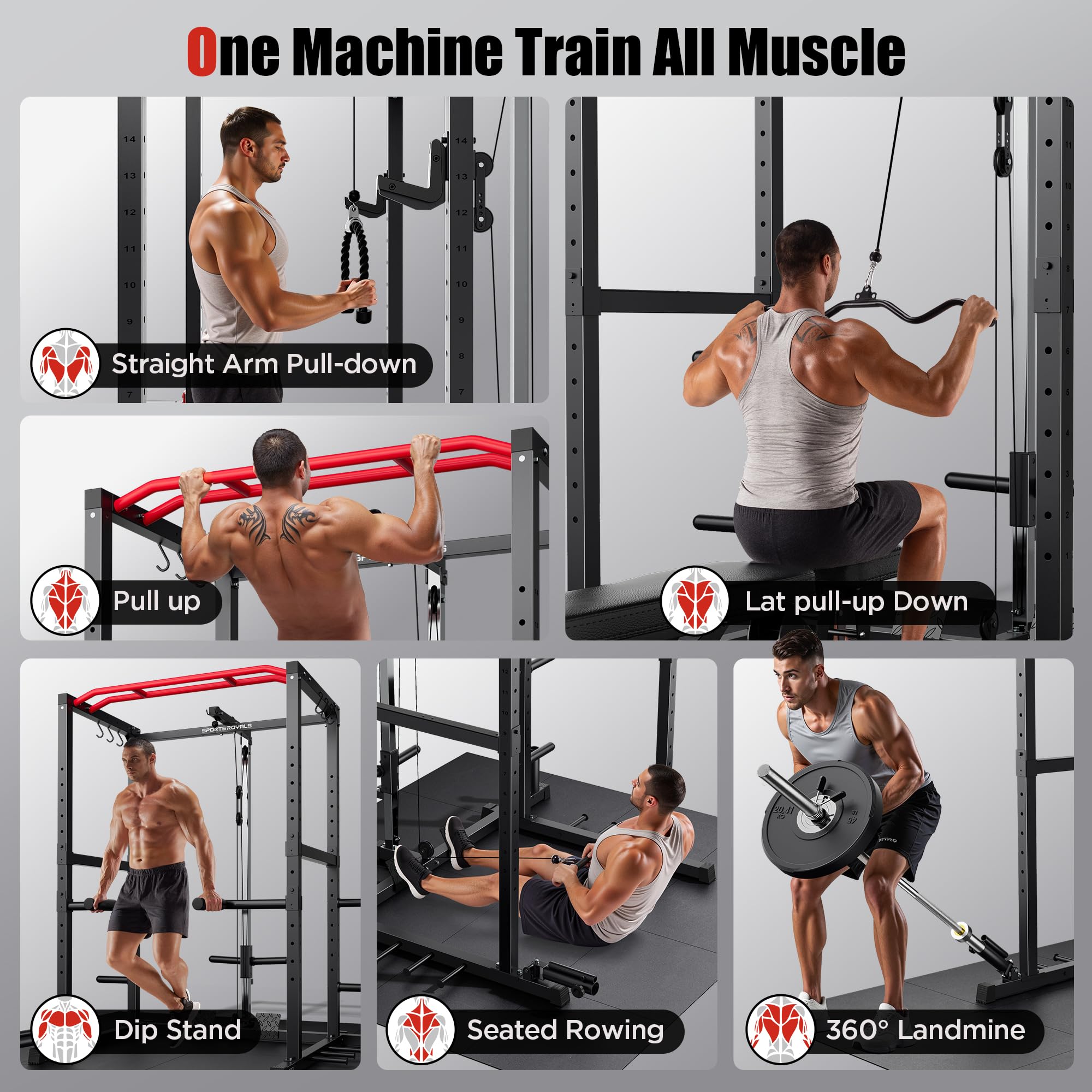 Sportsroyals Power Cage - Estante de potencia de 1600 libras con cable ajustable cruzado, estante multifunción para sentadillas con sistema de polea y accesorios de entrenamiento para gimnasio en casa